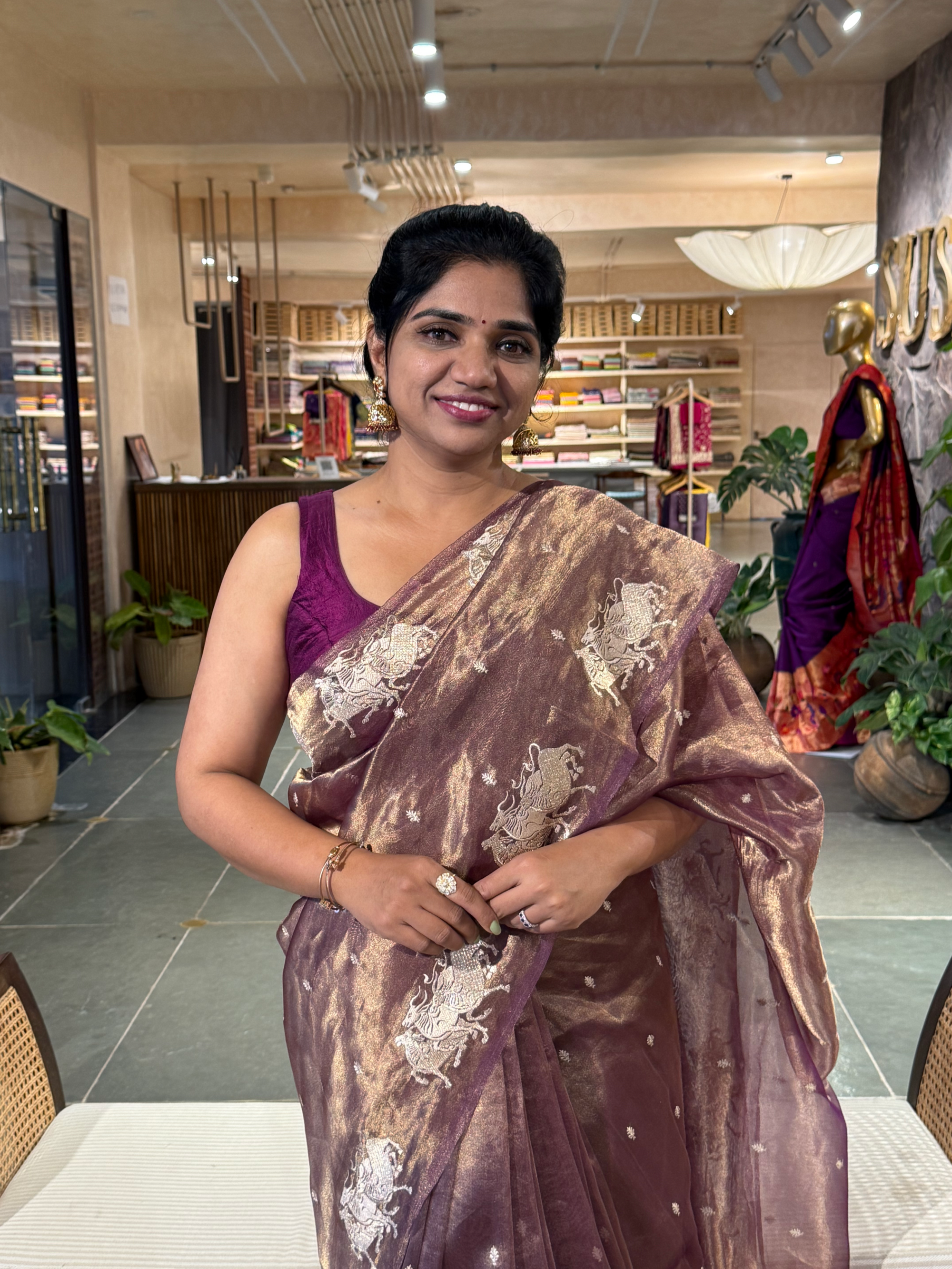 Purple Tissue  Saree with  Nandi Embroidery & Stripes Tissue  Blouse