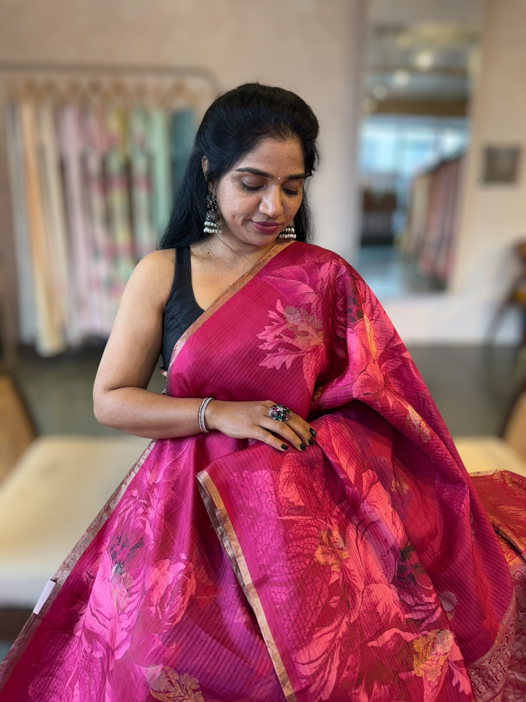 Ruby Pink Kanchi Soft Silk Saree With Statement 3D Rose Print allover