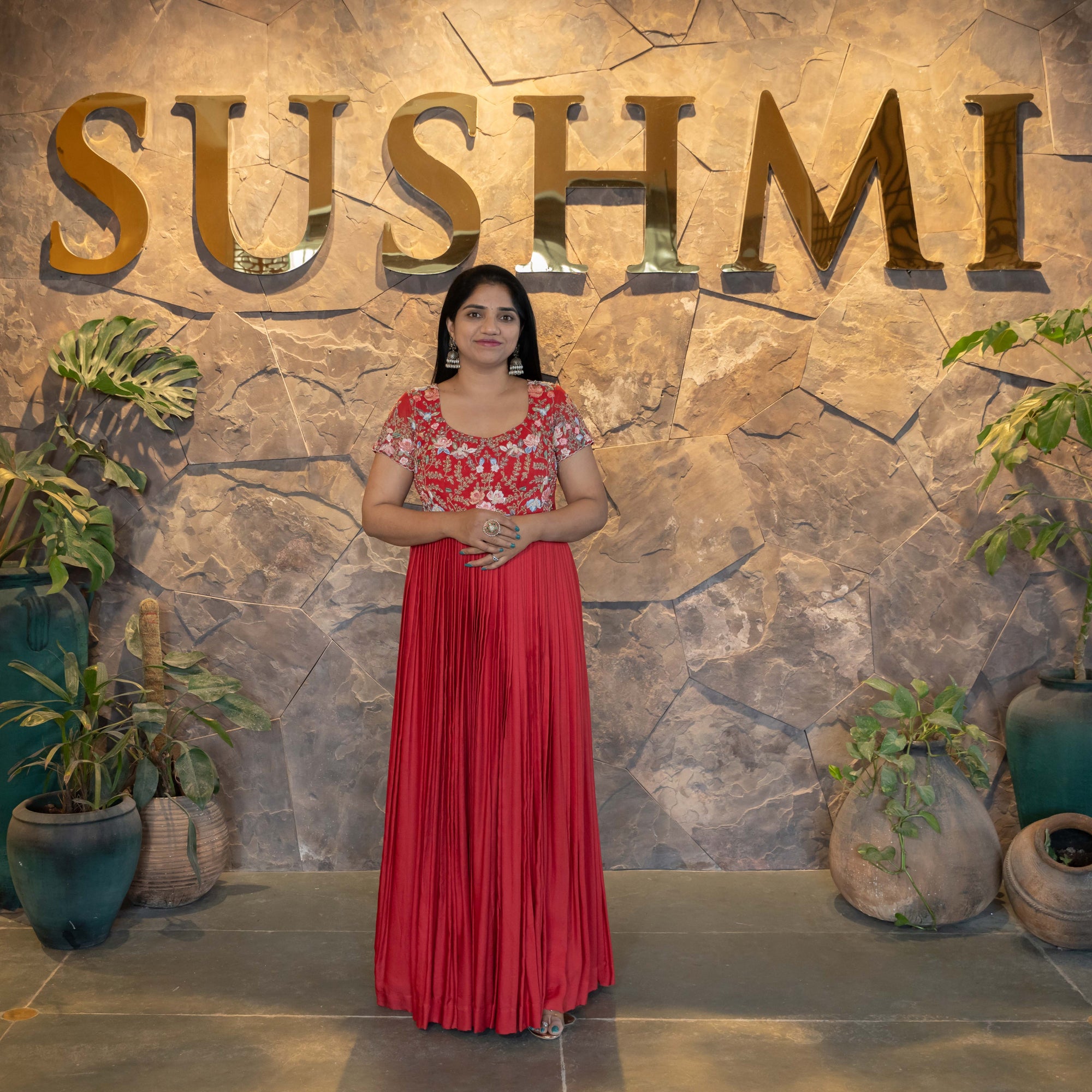 Red Modal Satin Silk Long Frock with heavy handwork yoke