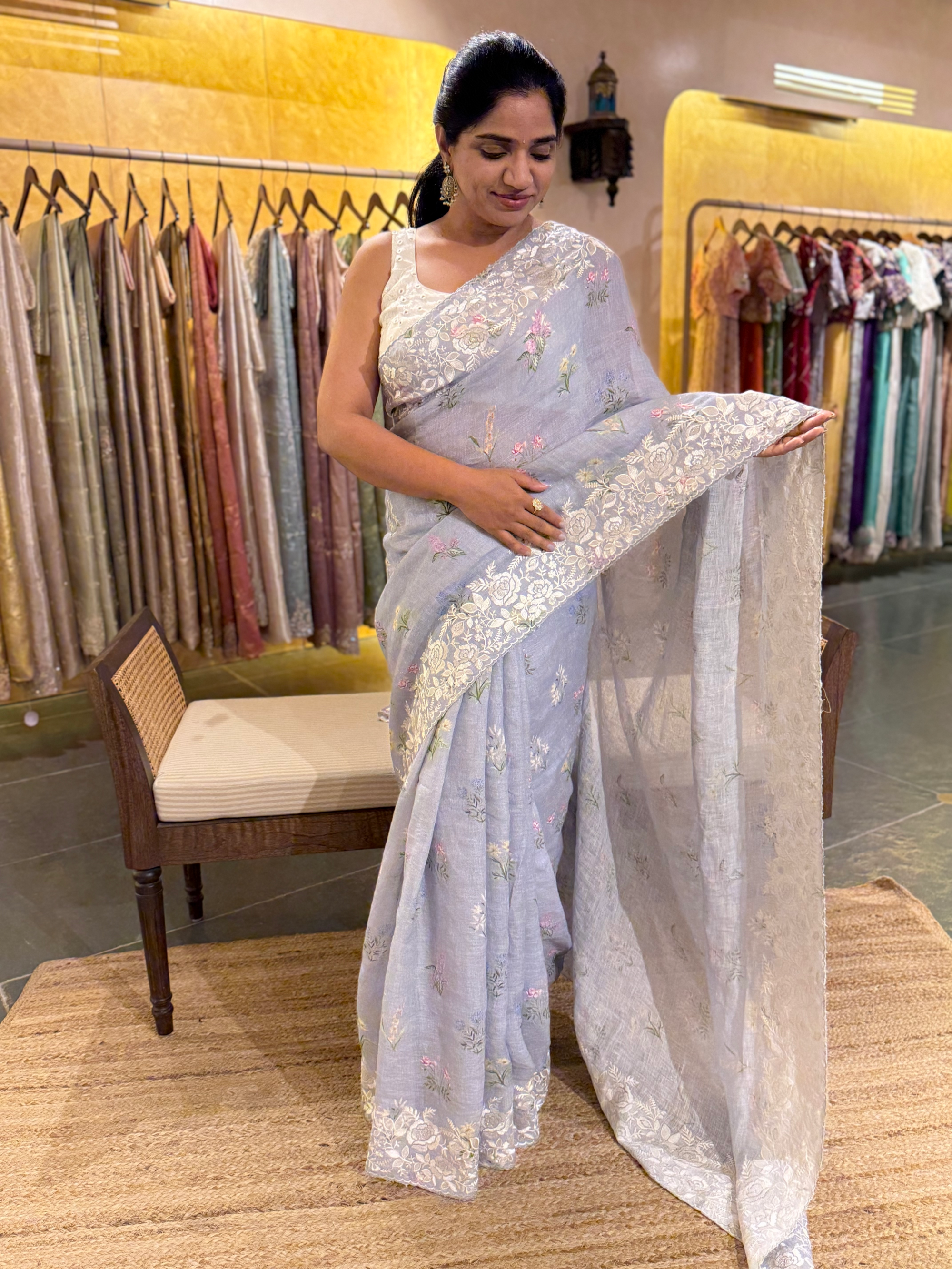 Pure Handloom Lenin Print Saree With  Parsi Gara Style Embroidery