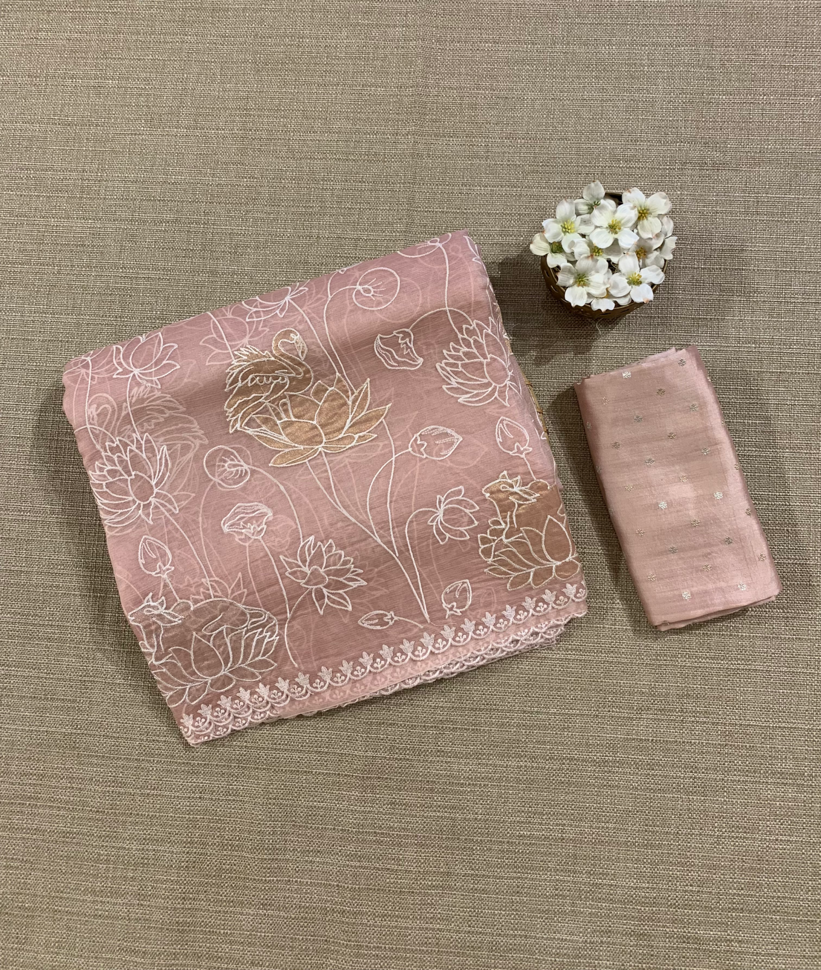 SOAA1606 : Nude Pink Organza Saree with Allover Pichwai Applique Embroidery