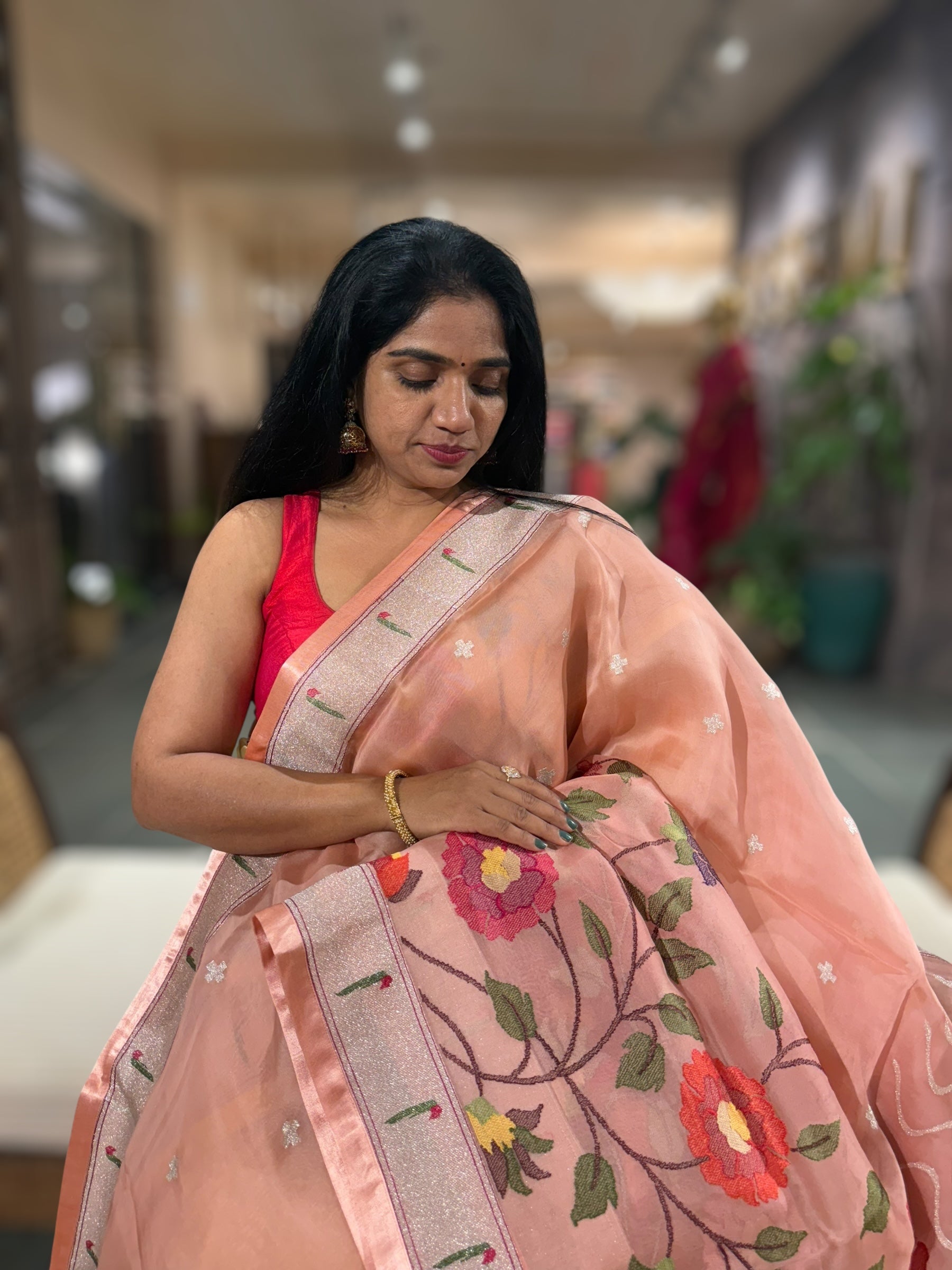 Peach Organza Silk Saree With Jamdani Inspired Embroidery