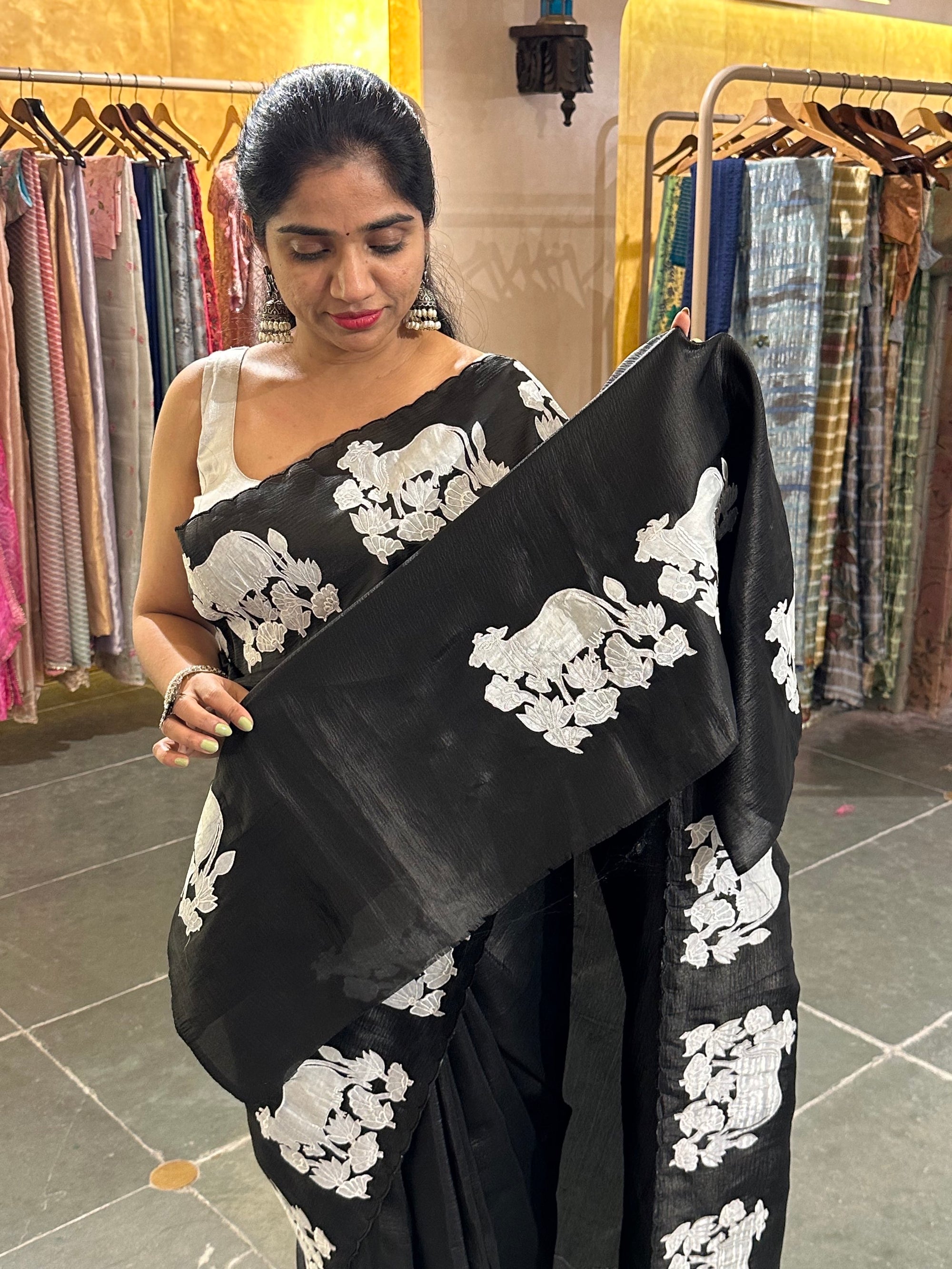 Black  Satin Organza Saree with a slight Crush With Pichwai Applique work motifs
