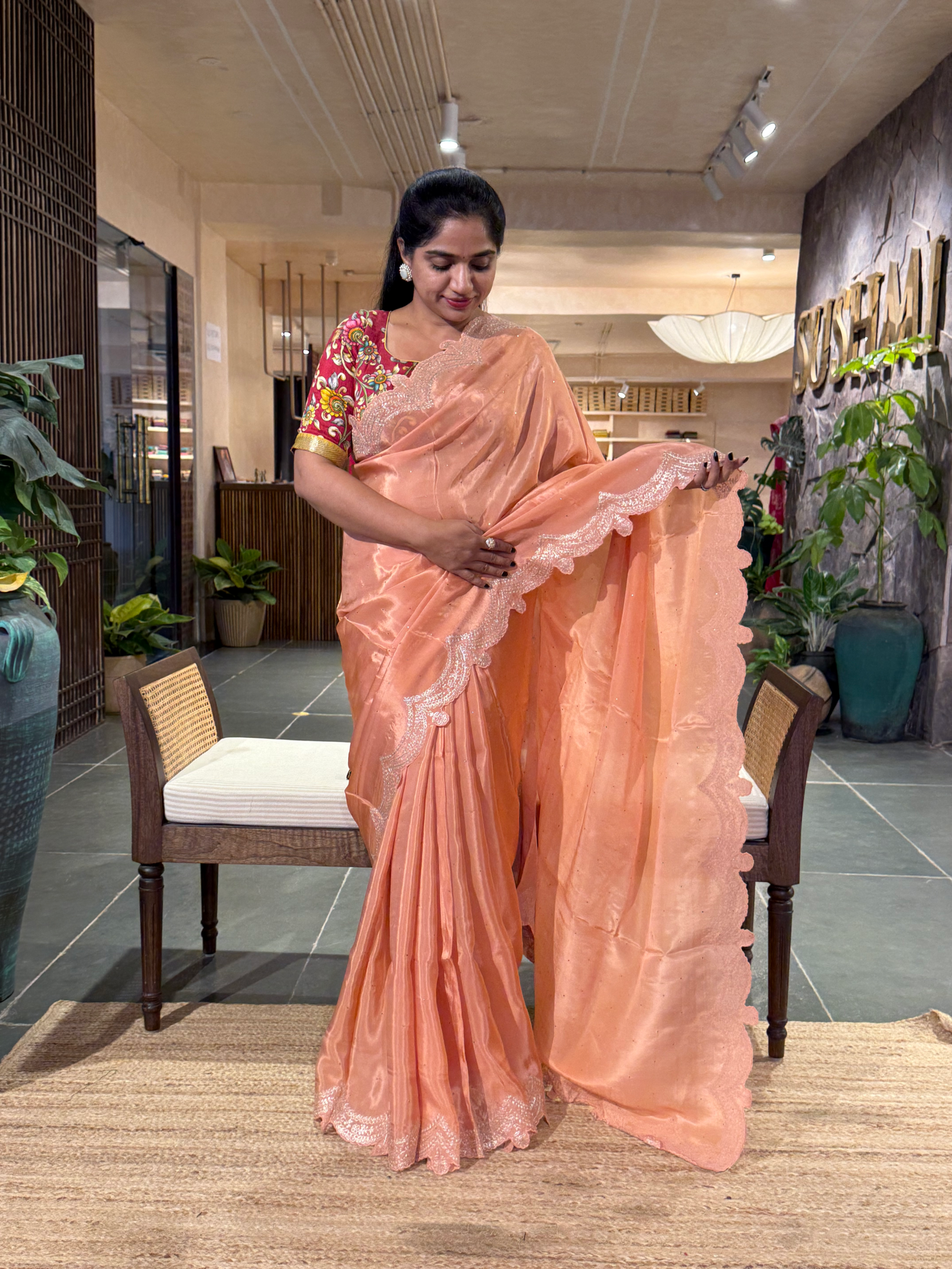 Peach Crepe Silk Saree With Pita Work Scallop Border & Pure Silk Printed Blouse