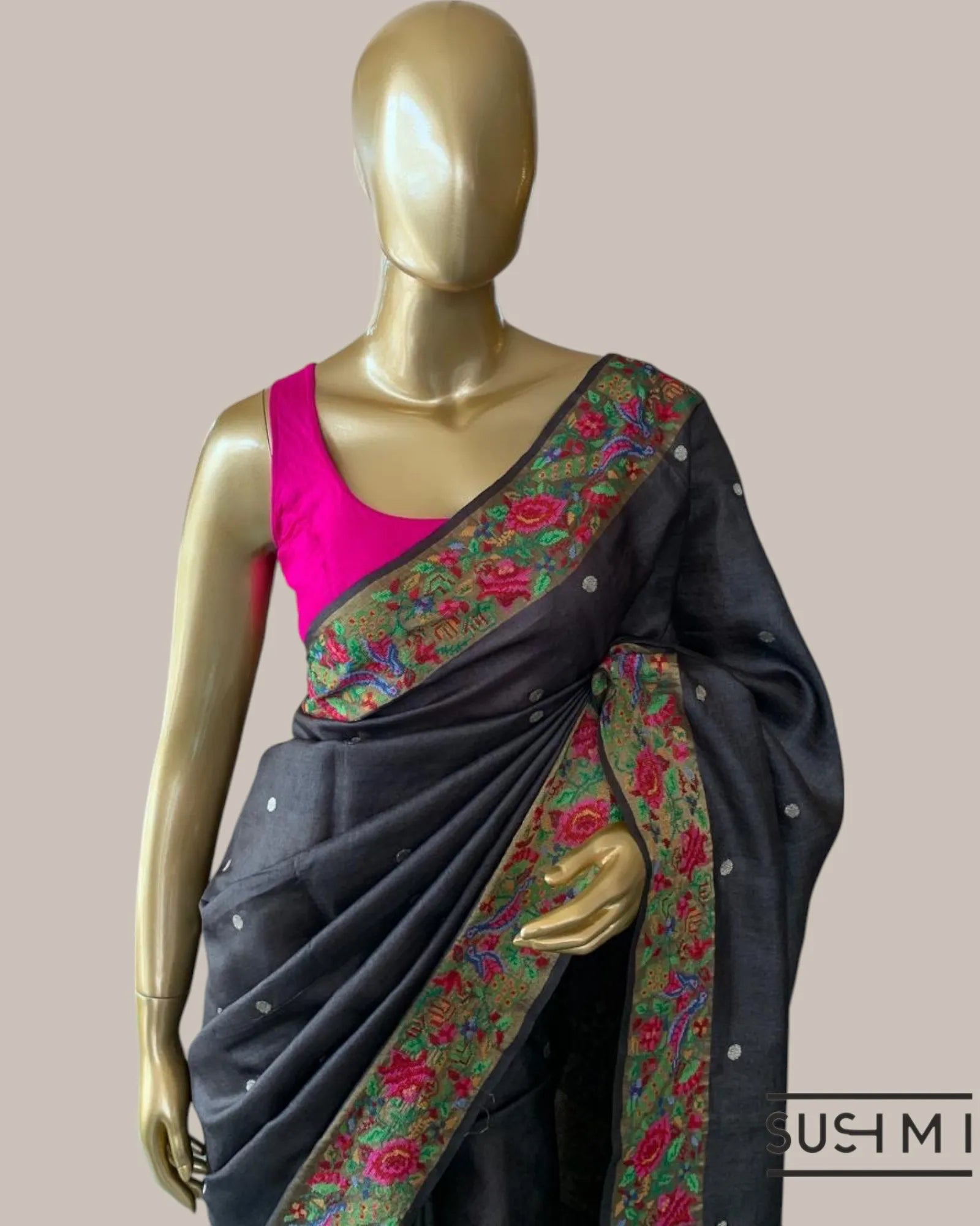 English Brown Pure Tussar Saree with allover golden zari buti and Petite Point