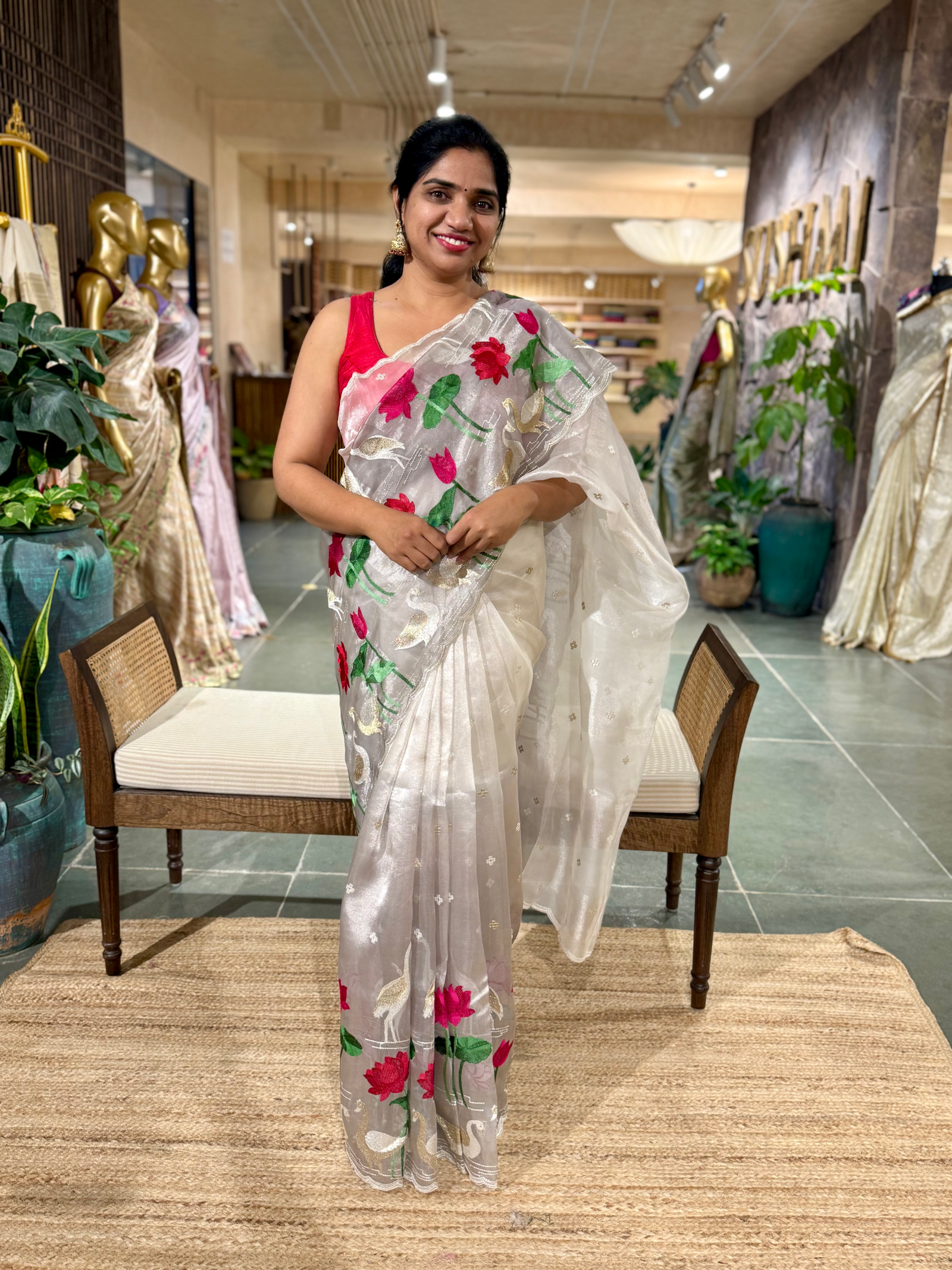 Handloom Kora Tissue Stripes Pichwai Pond themed Embroidered  Saree