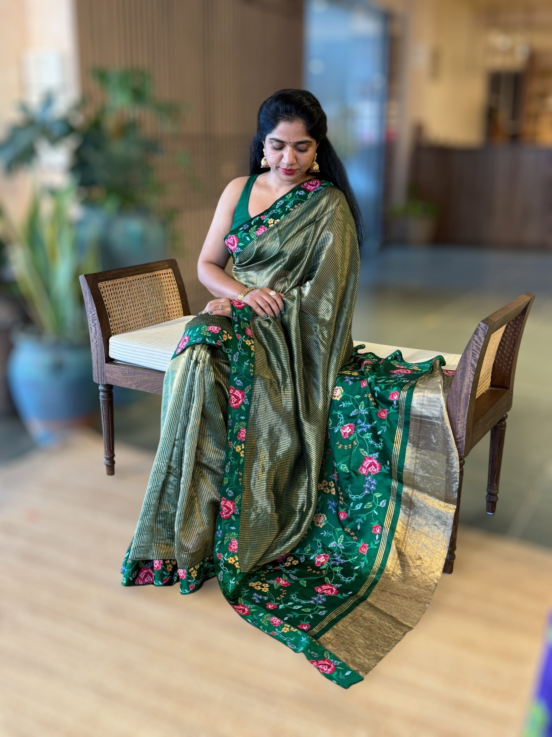 BottleGreen Tissue Stripes Saree wth Petite Point Embroidered Border Pallu & BP