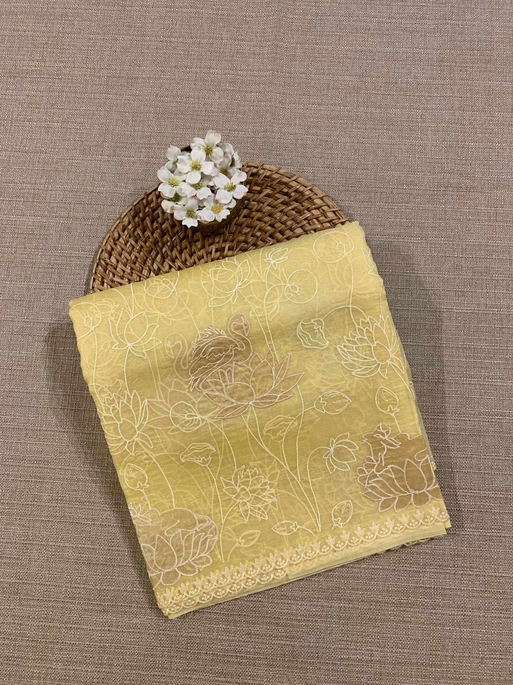 SOAA1607 : Pastel Yellow Organza Saree with Allover Pichwai Applique Embroidery