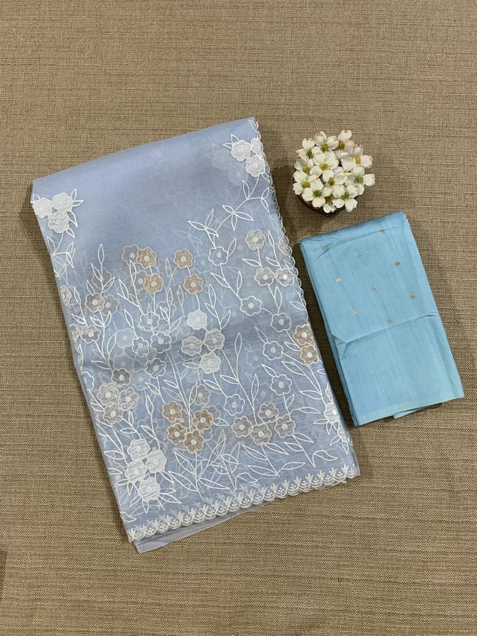 Pastel Blue Organza Applique work Saree