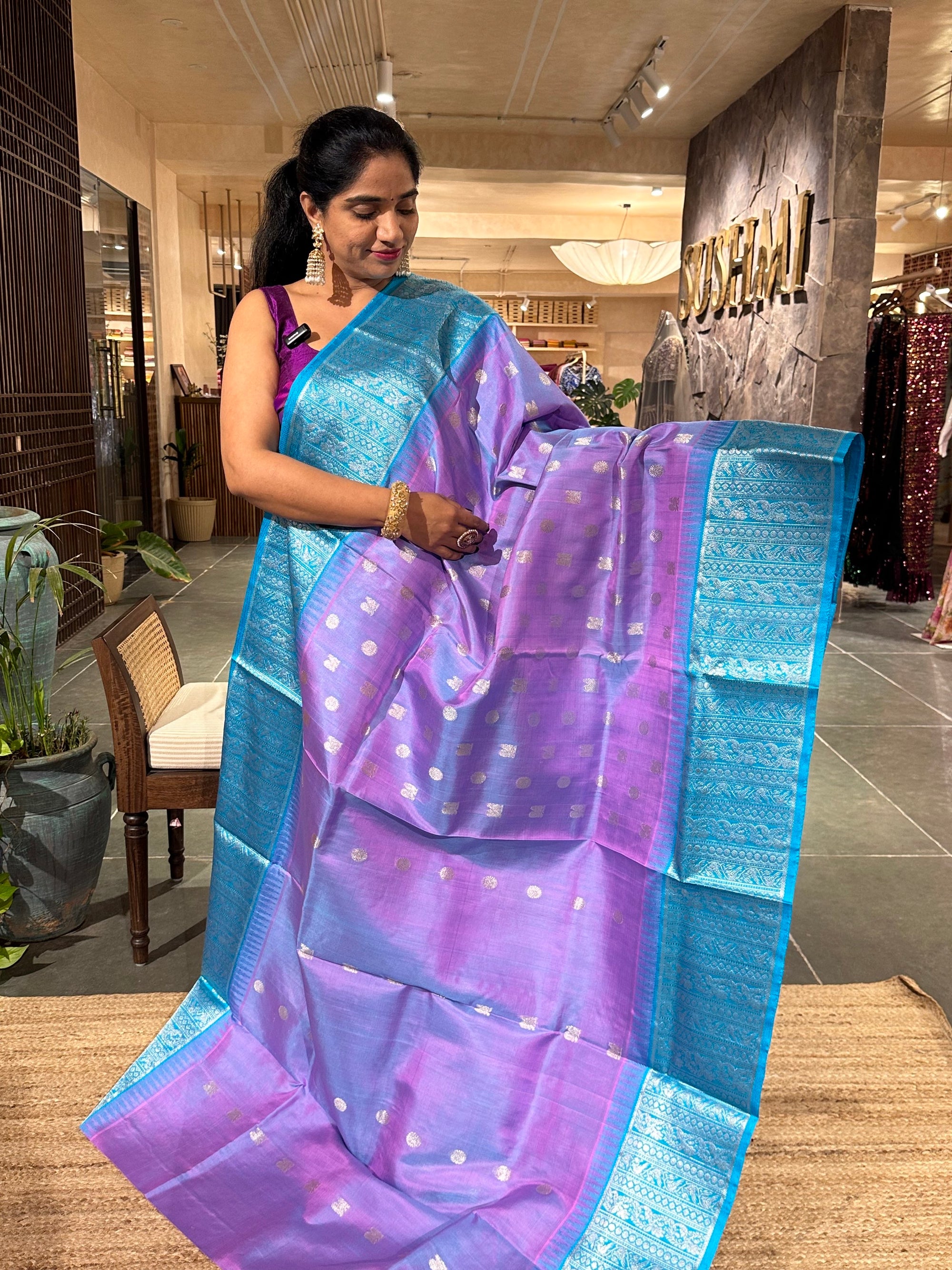 Lilac and Blue Combo Venkatagiri Handloom Pure Silk Saree