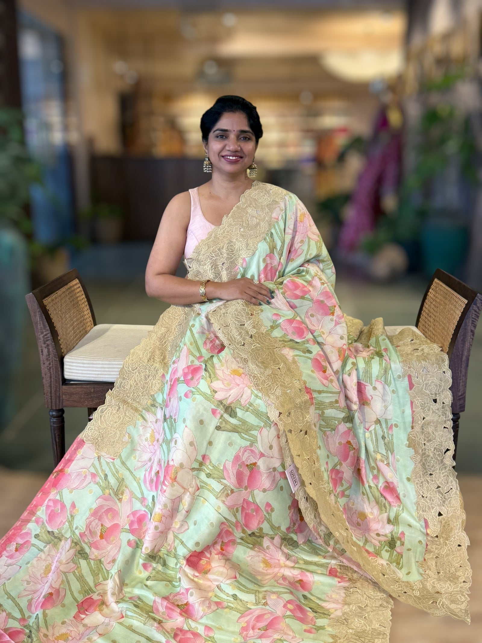 Mint Banarasi Printed Tussar Khaddi Gorgette With Tissue cutwork Rose Border