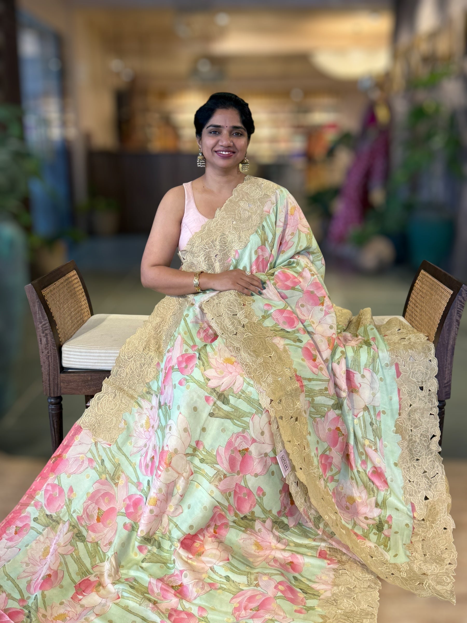 Mint Banarasi Printed Tussar Khaddi Gorgette With Tissue cutwork Rose Border