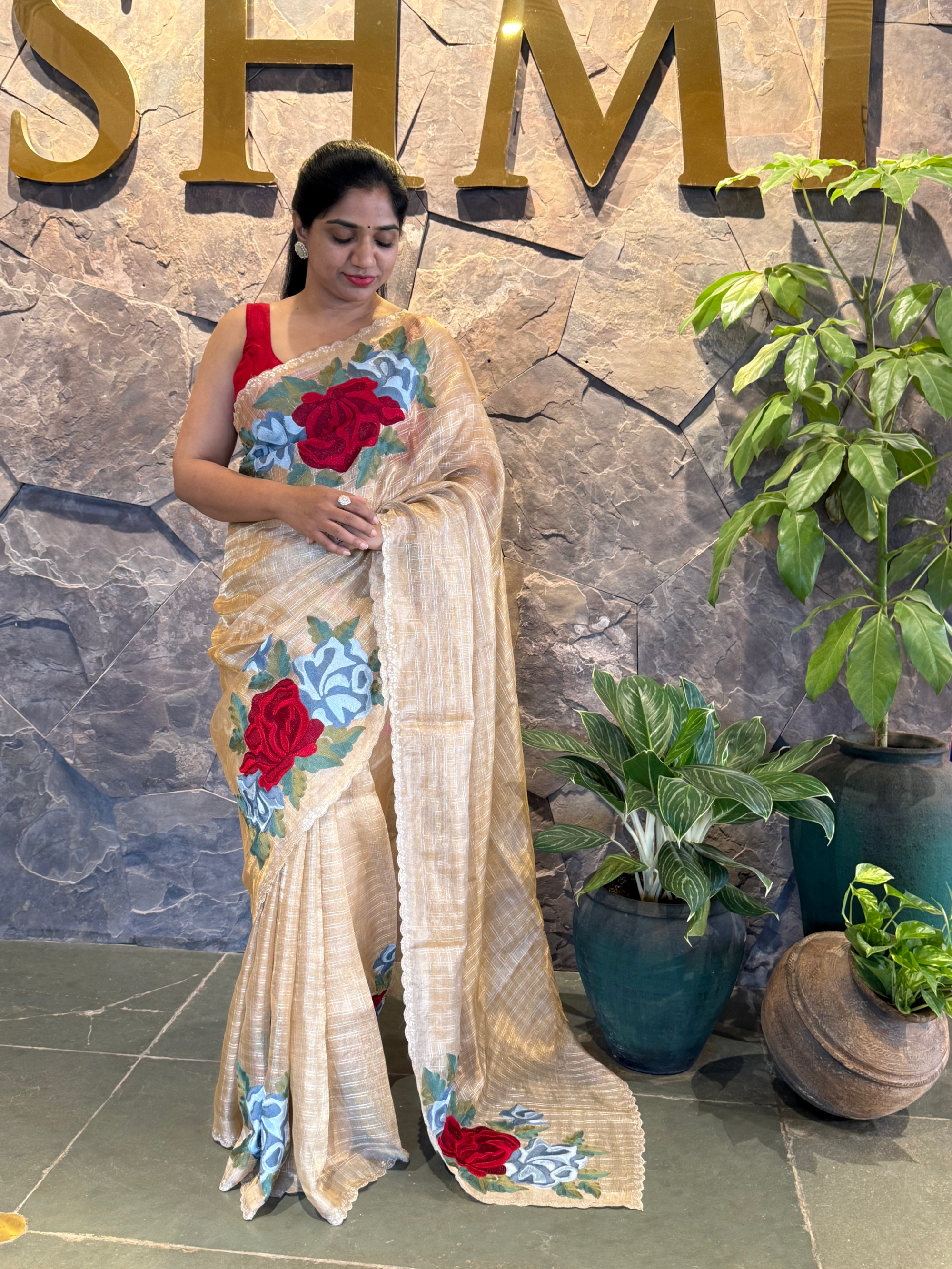 Gold Banarasi Tissue Saree with Silver Checks & Big Statement Floral Embroidery