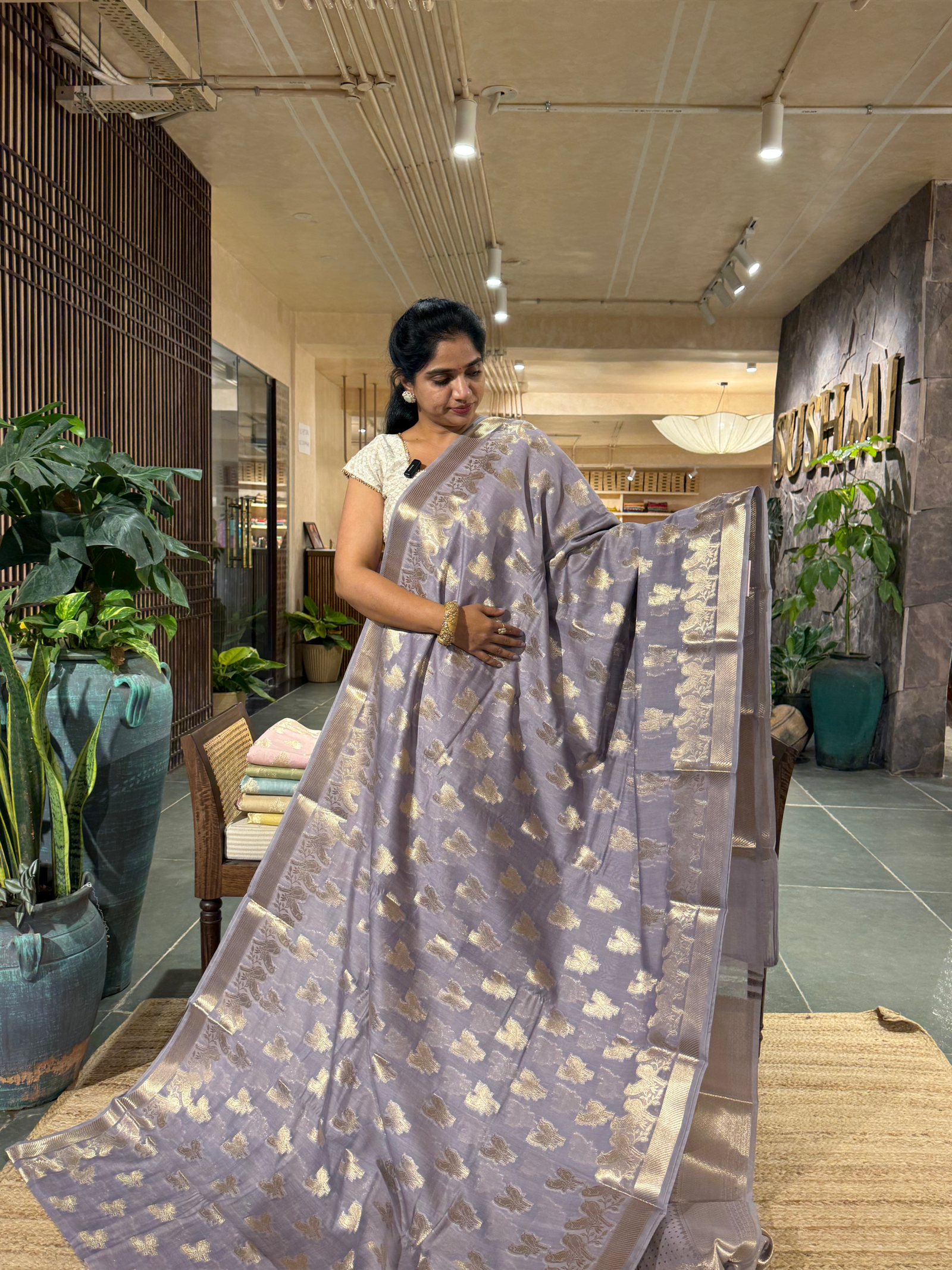 BMSA1403 Dusty Violet  Banaras mul silk Cotton allover love birds weaving  Saree