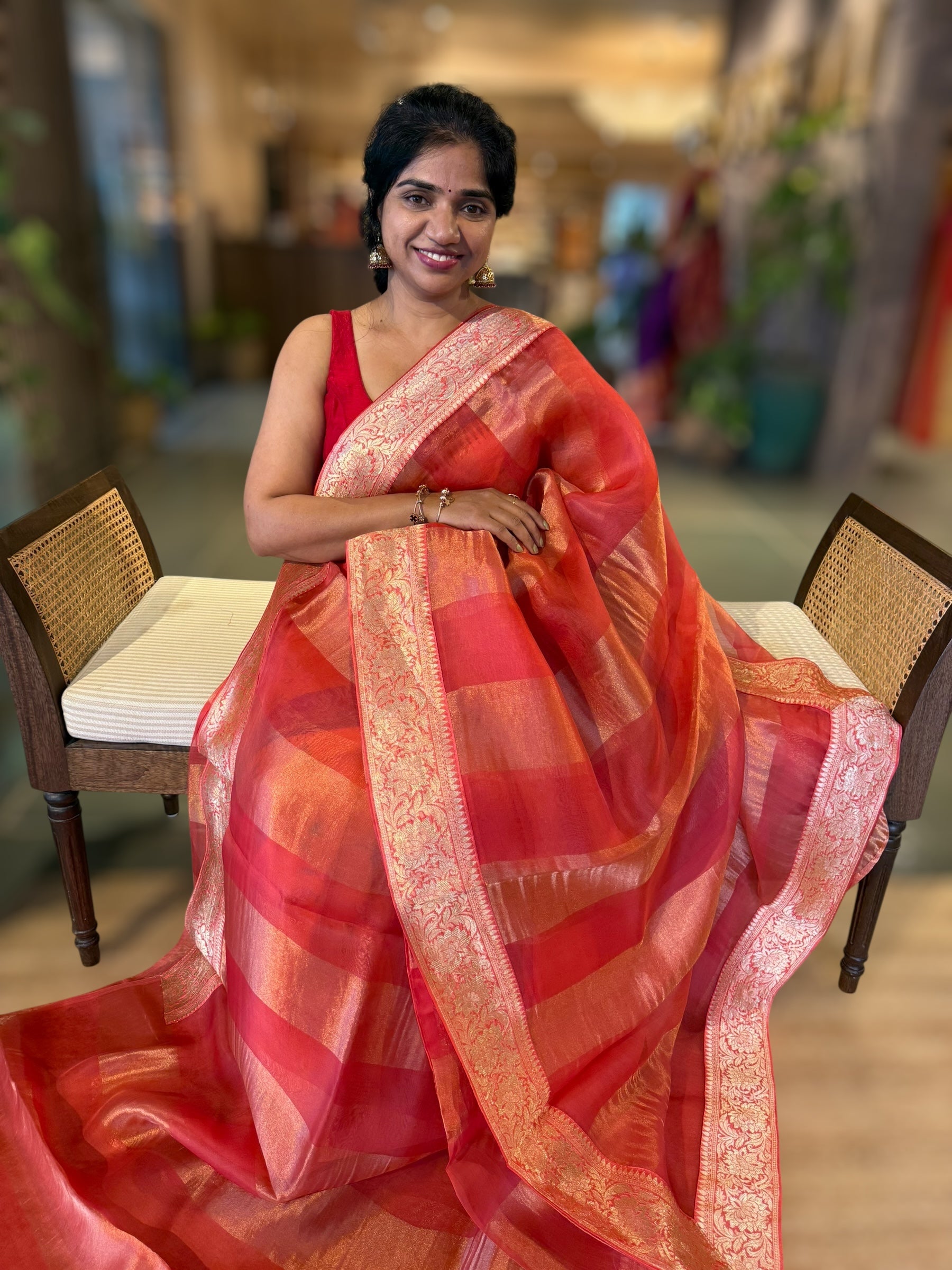 Koral Pink Banarasi Kora Tissue Stripes Saree With Banarasi Borders & Blouse