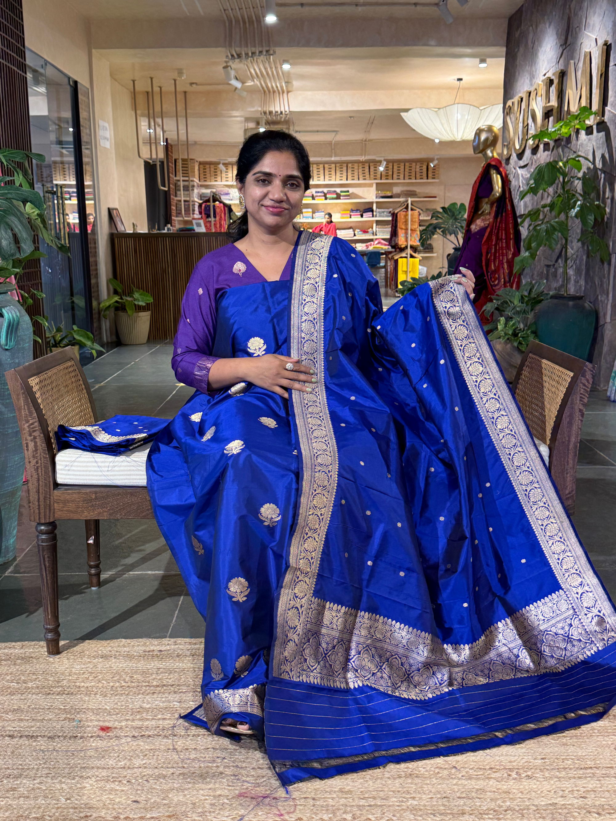 Royal BluePure Handloom Katan Silk  3 pc Suit Set with  kaduwa weaving