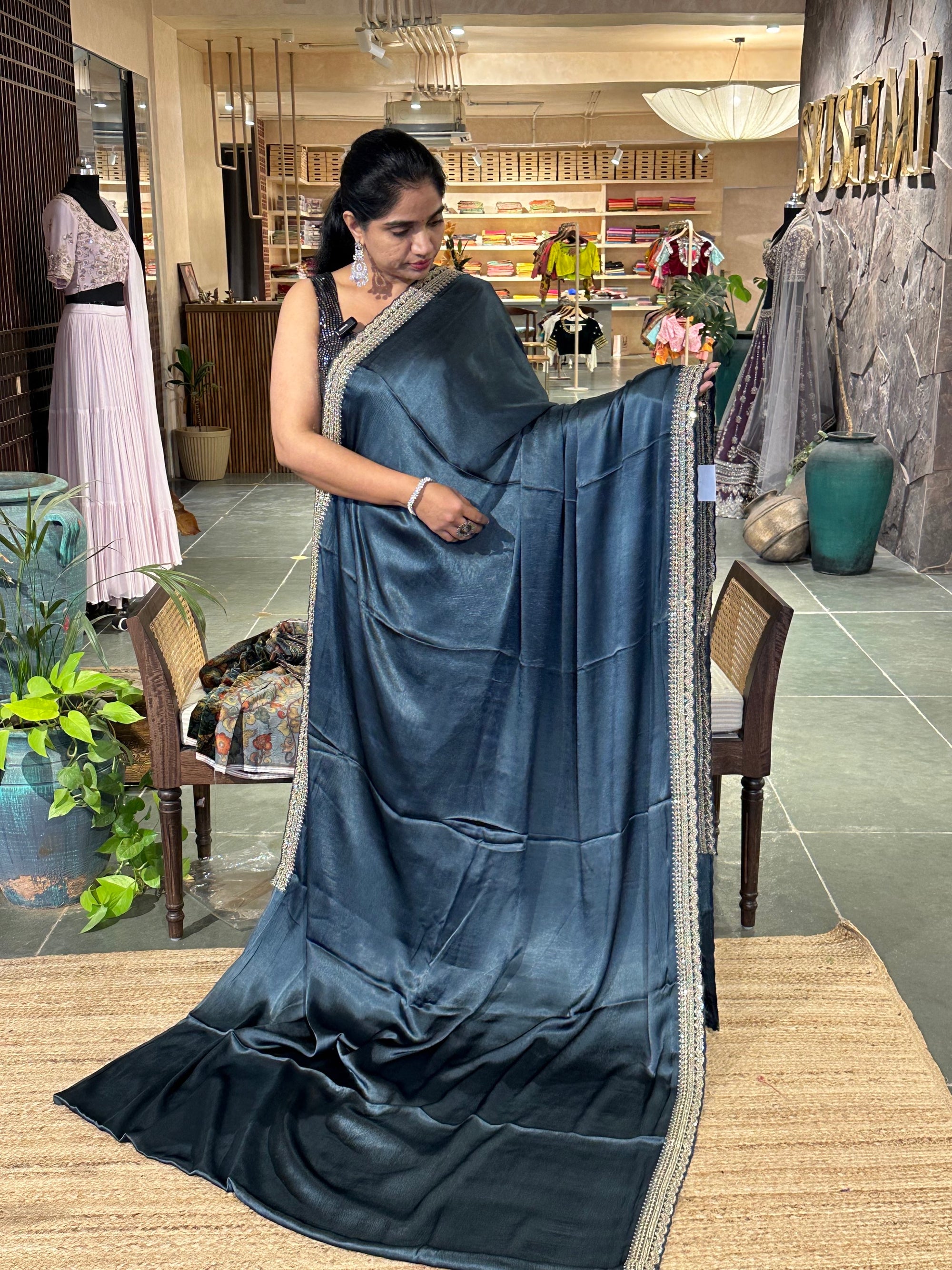 Pure Satin Silk Saree with sabyasachi borders paired with velvet Printed Blouse