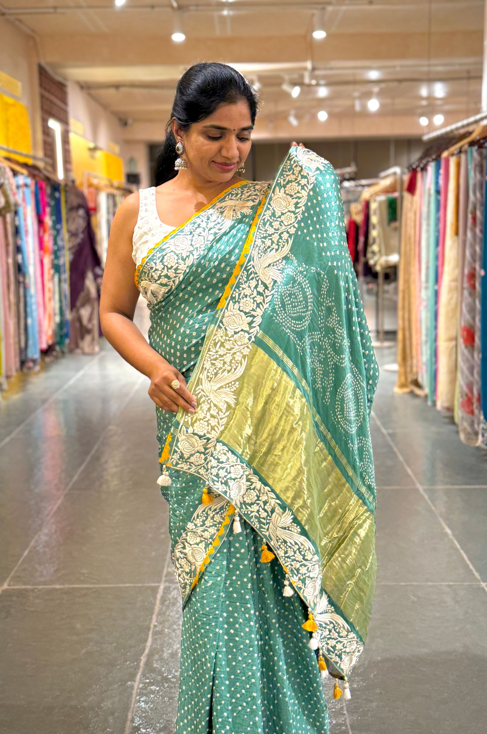 Teal Pure Gajji Silk Kutch Bandhej Saree with Parsi Gara Embroidery