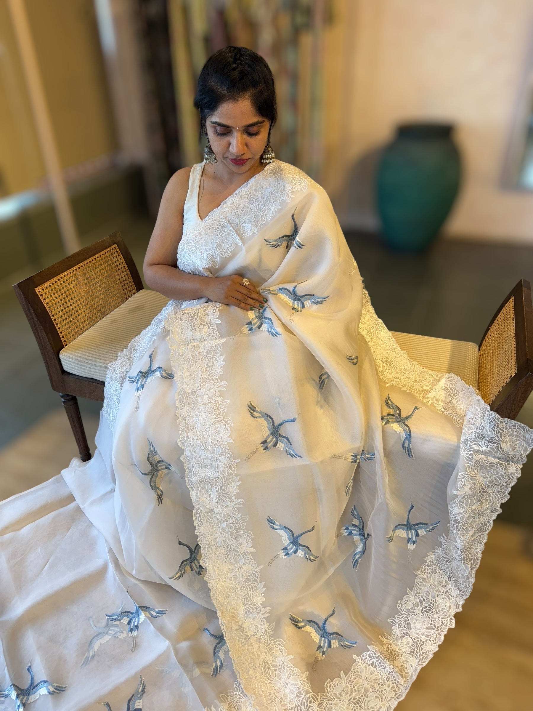 Ivory Organza Saree with Cutwork Borders & Blue Cranes
