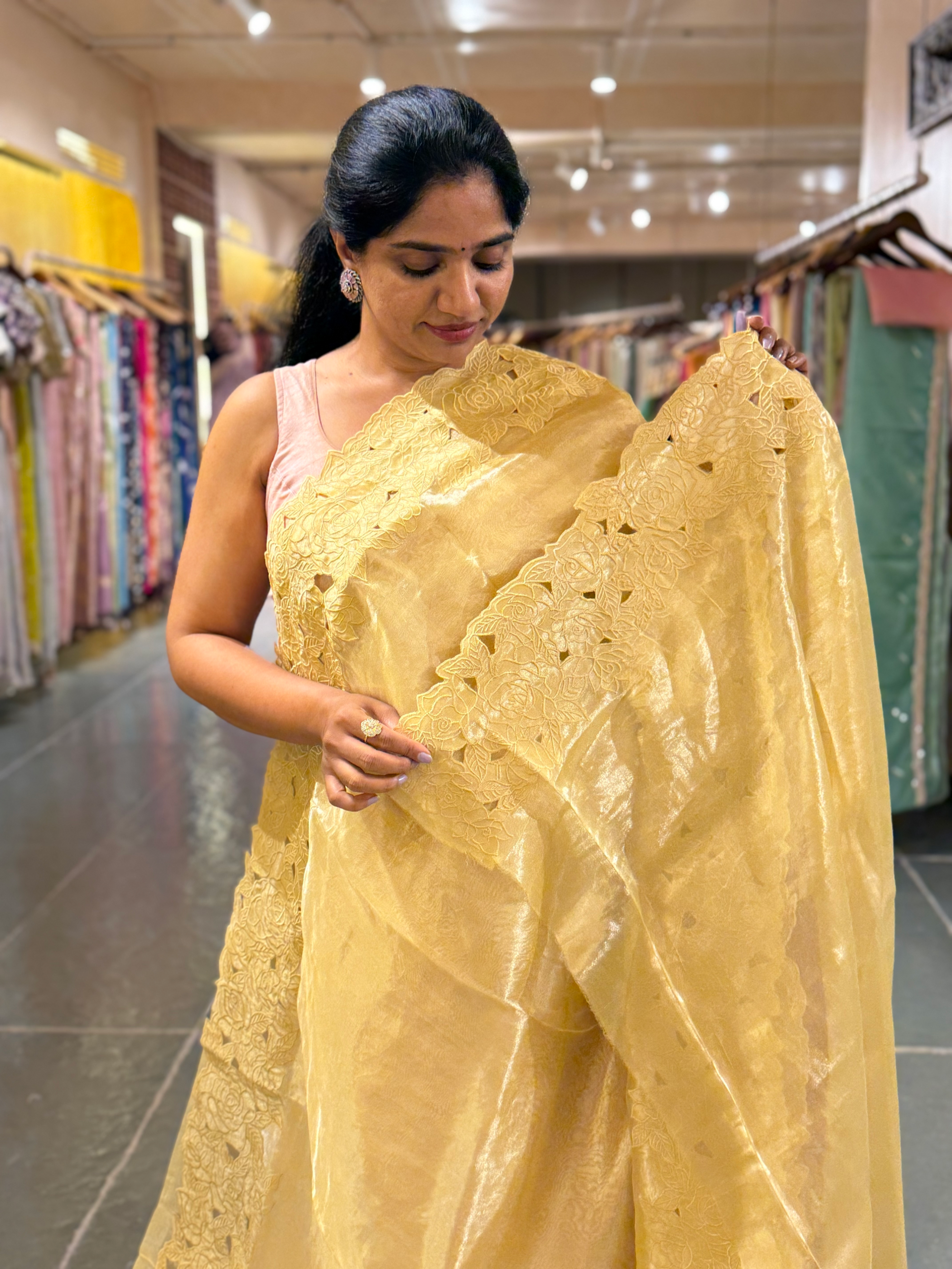 Pastel Yellow Pure Handloom Tissue Saree With Rose Cutwork Borders