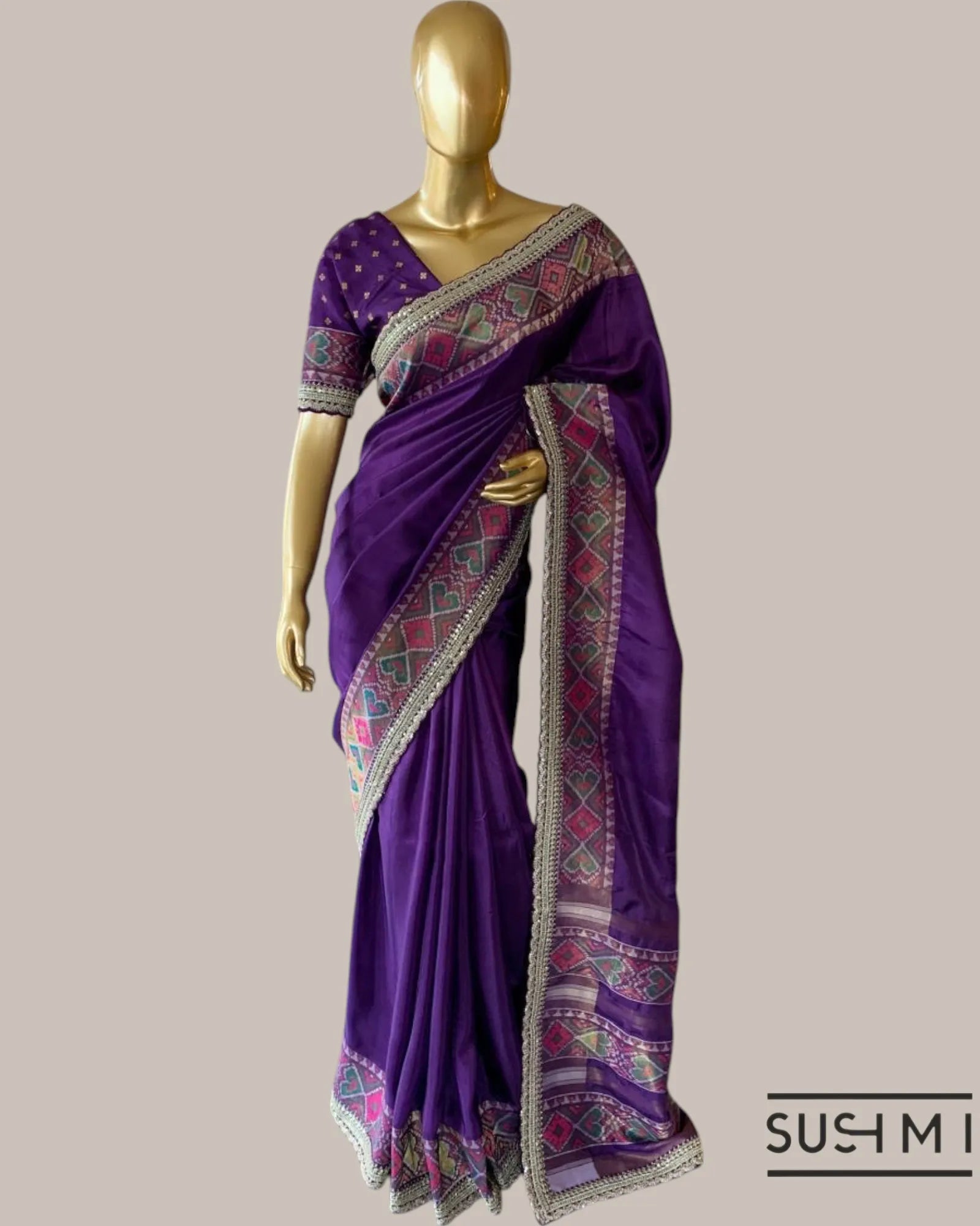 Brinjal Tussar Silk Gorgette Saree in Ikkath Patola style Chevron body and Patol