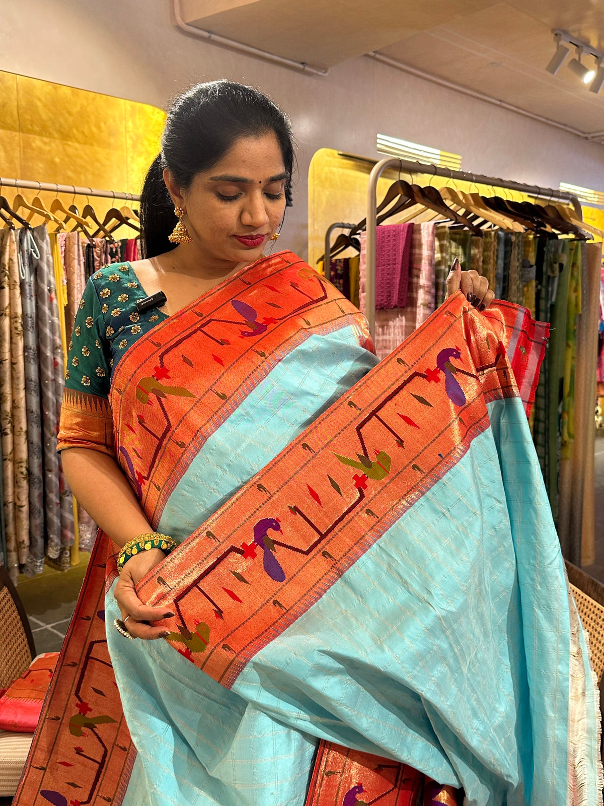 Sky blue checks Pure Pythani saree with parrot peacock border