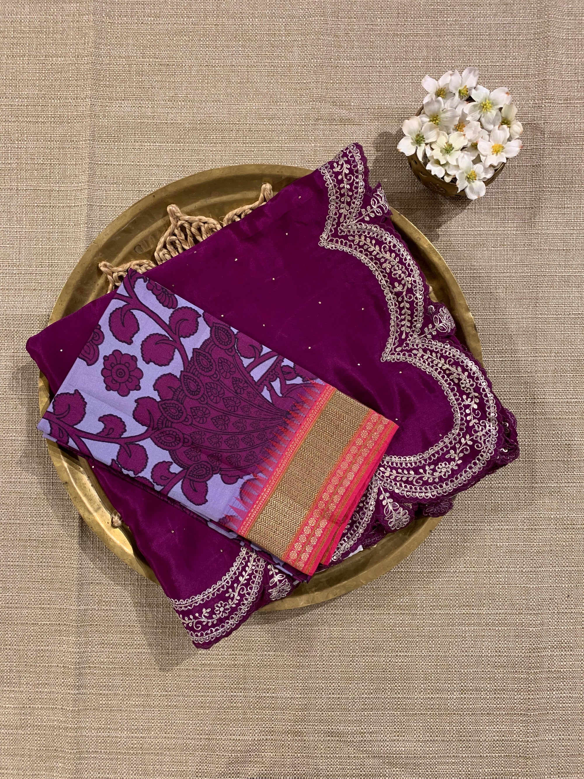 Wine Crepe Silk Saree With Pita Work Scallop Border