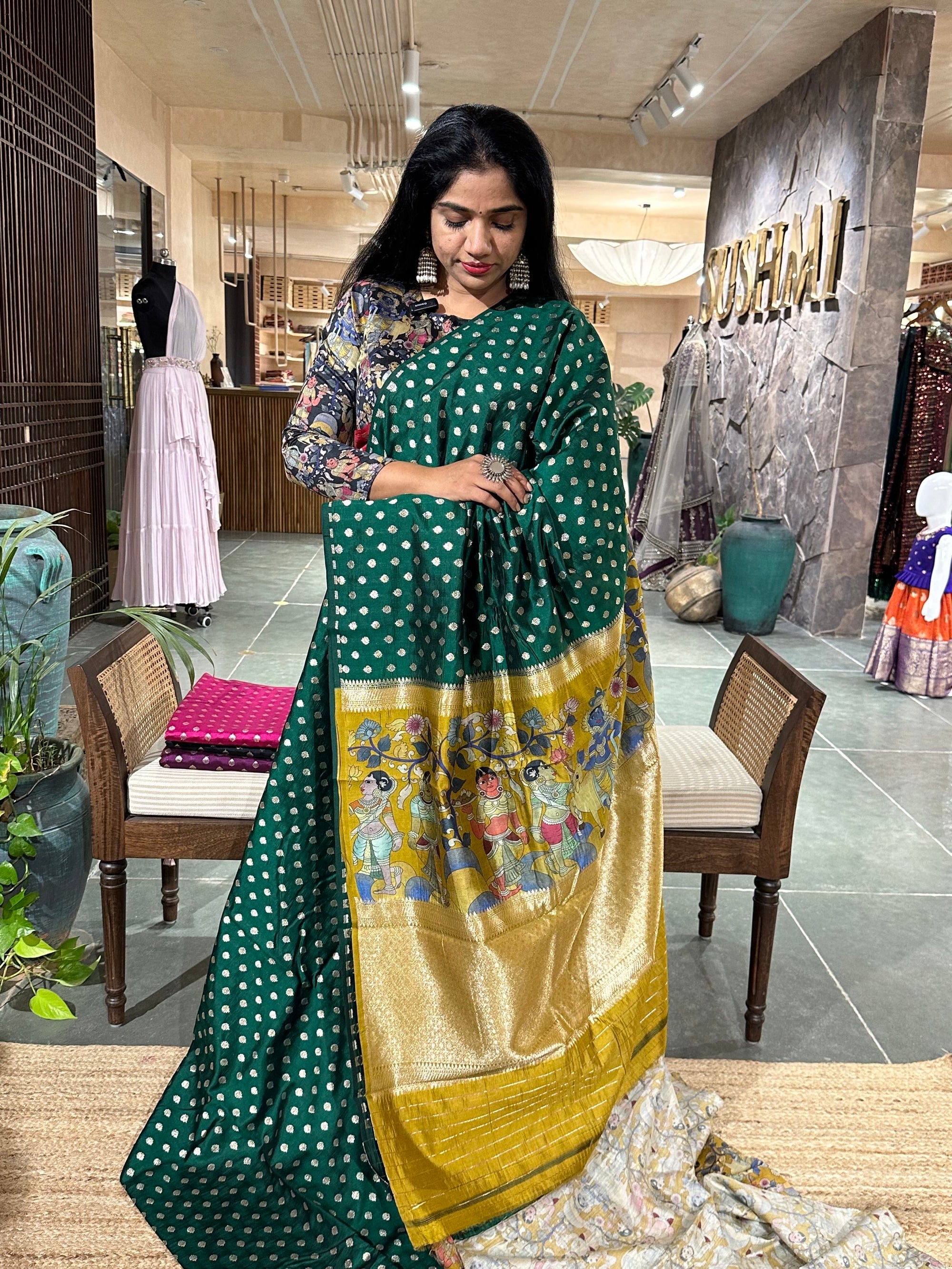 Banarasi chinia silk with krishna theme pallu-