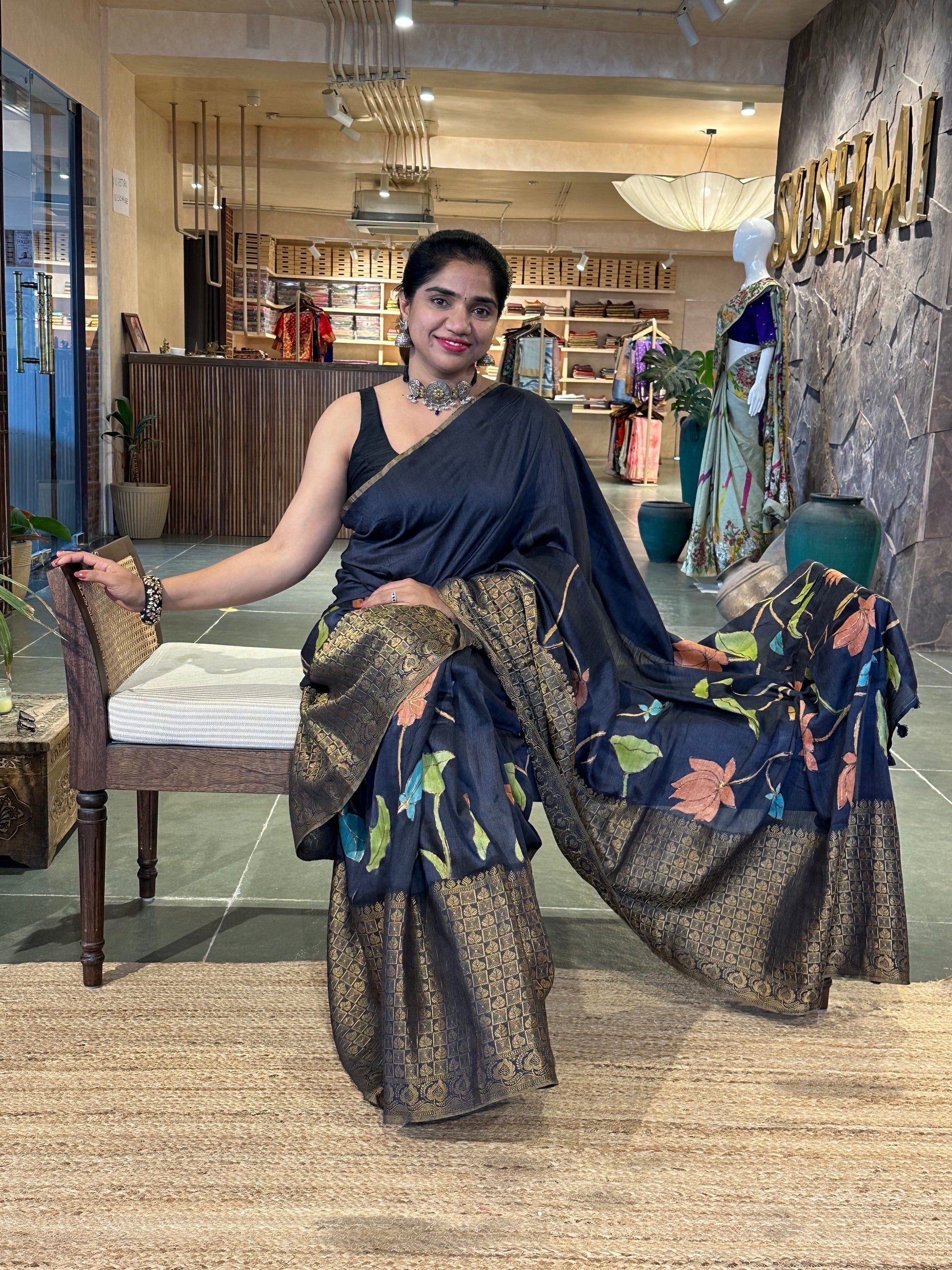 Elephant Black Pure Handloom Munga Banarasi Saree with pichwai handpainting .