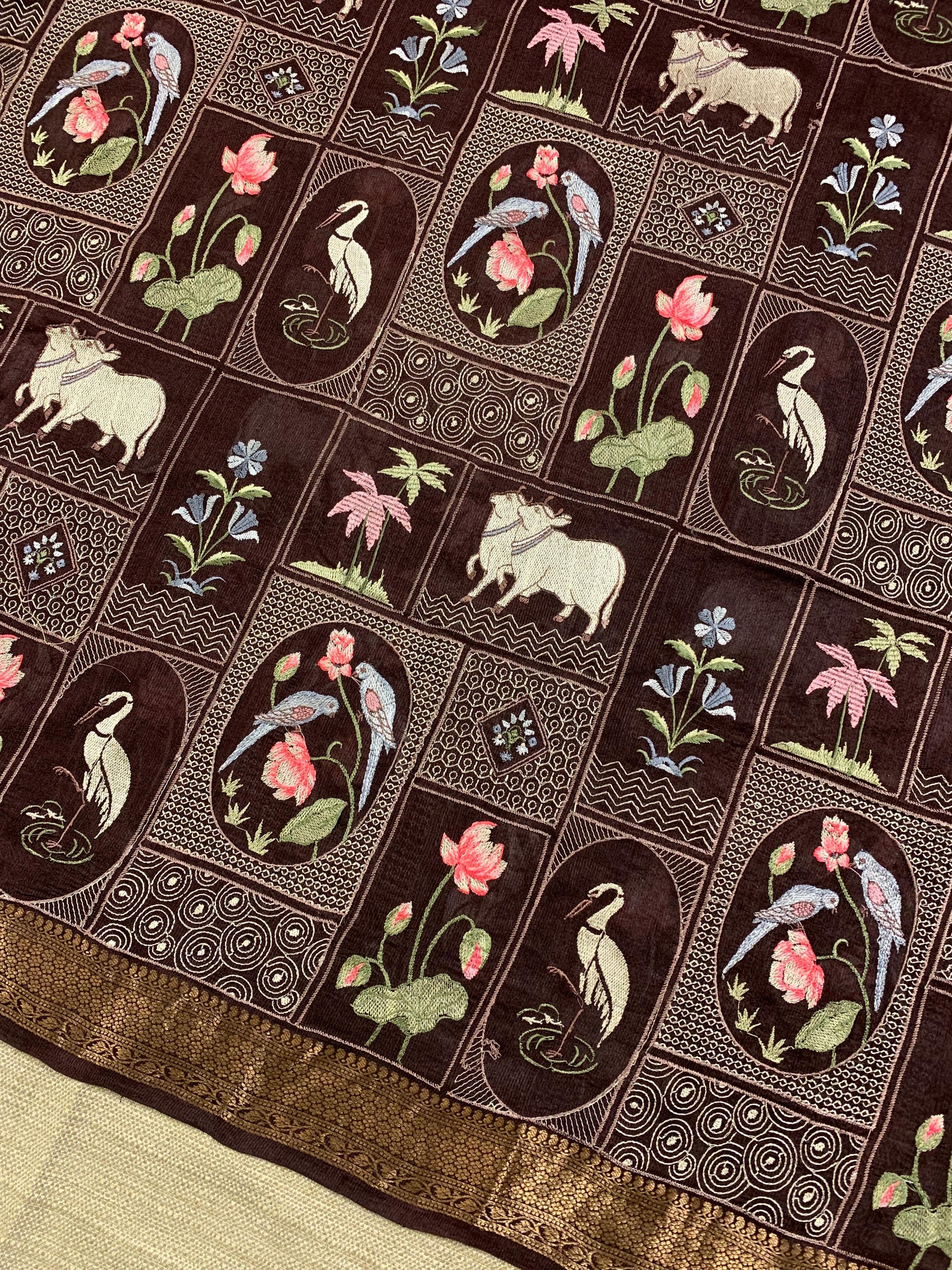 SMSEA106 :  Coffee Brown Pure Handloom Munga Silk Saree with Pichwai Embroidery