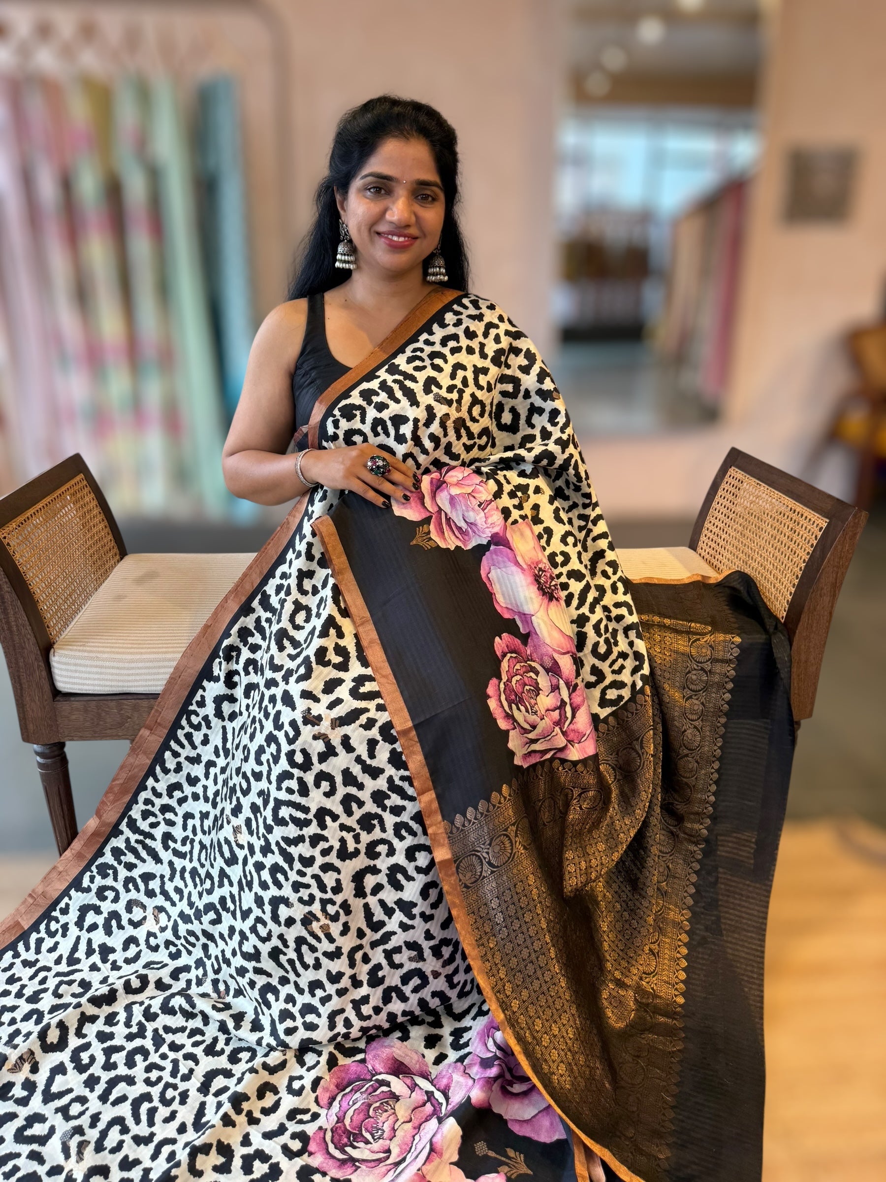 Kanchi Soft Silk Saree with Leopard and Statement 3D Rose Print