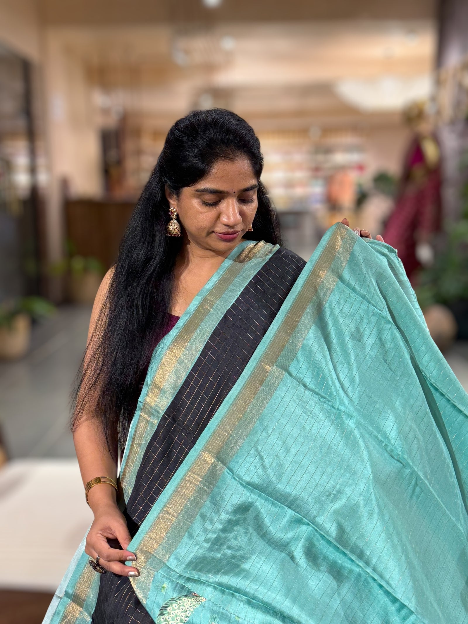 Black Checks Soft Silk with beautiful Skirt Border Peacock Print