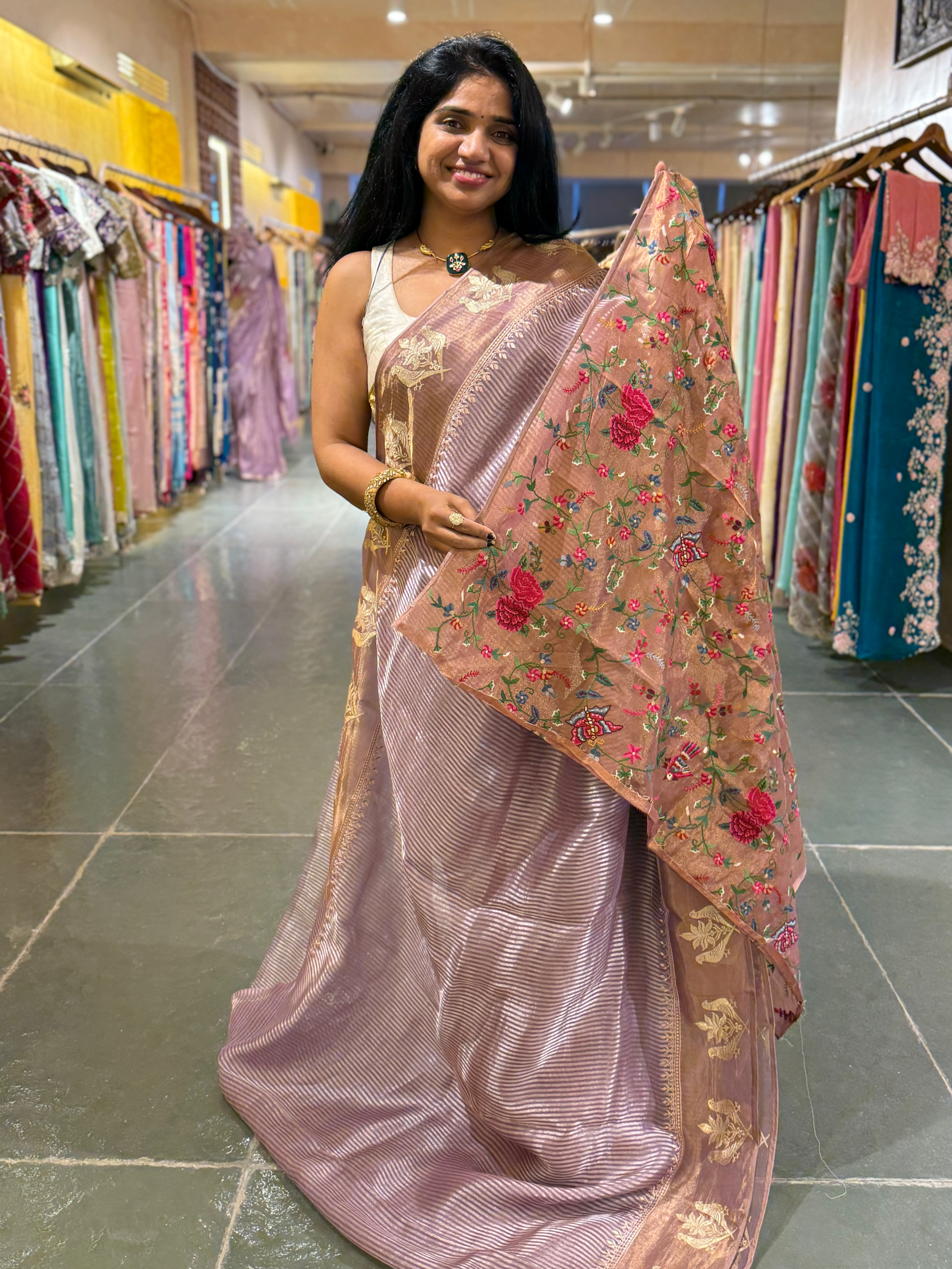 Mauve Kora Tissue Silver Zari stripes saree wth tissue Embroidered Border