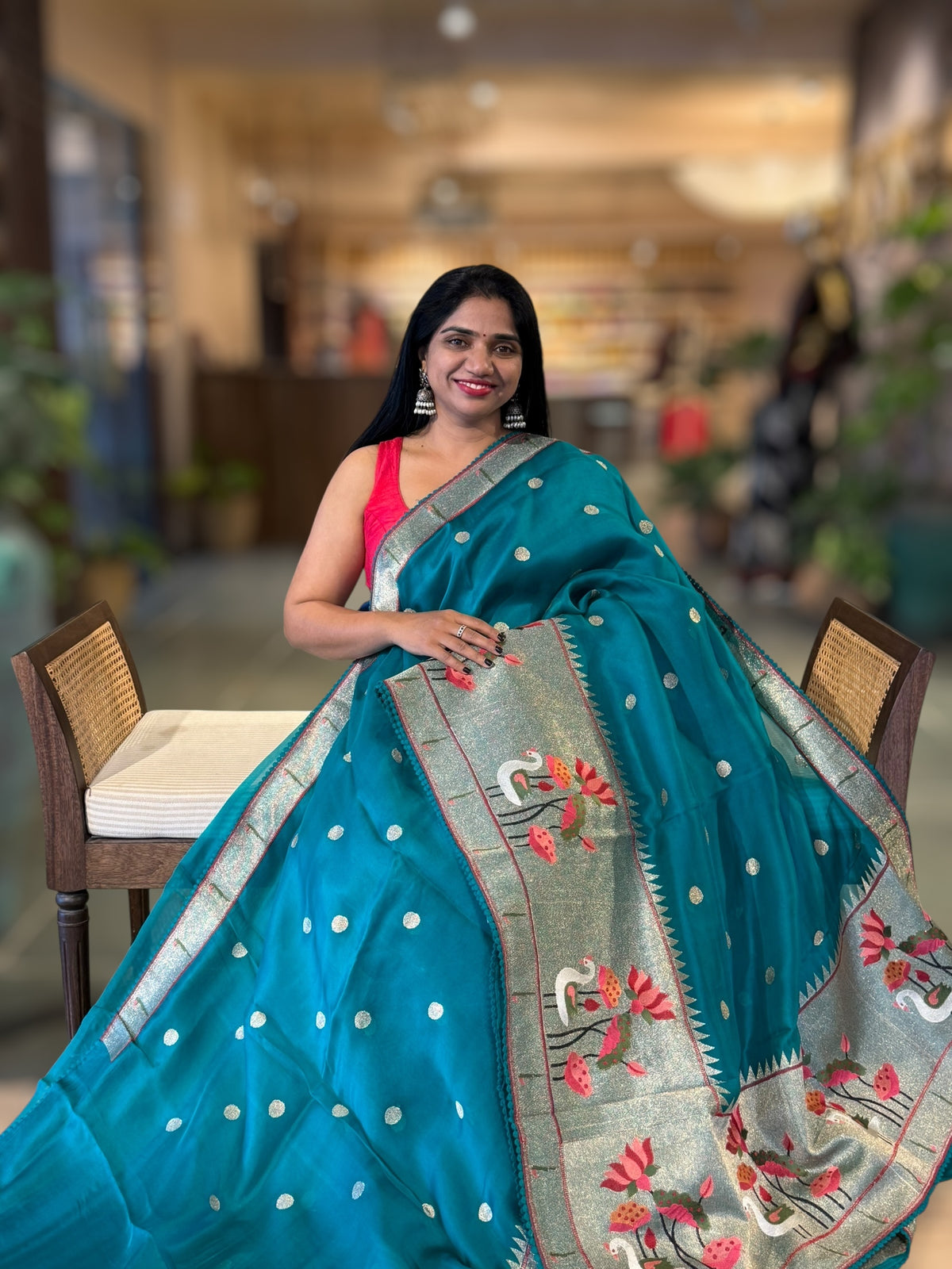 Rama Green Pure Organza Saree With Pythani Embroidered Border