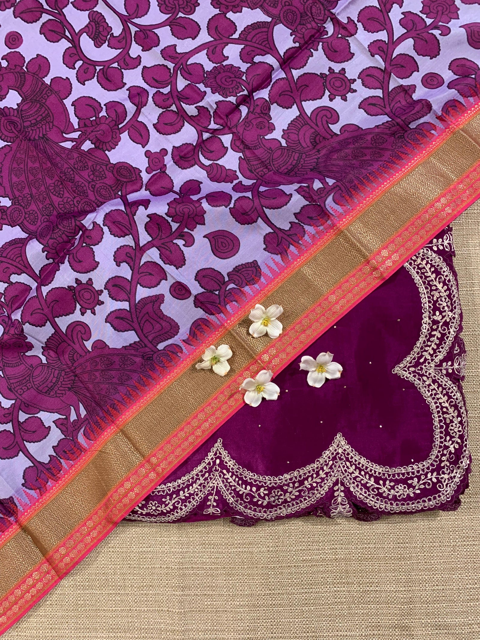 Wine Crepe Silk Saree With Pita Work Scallop Border