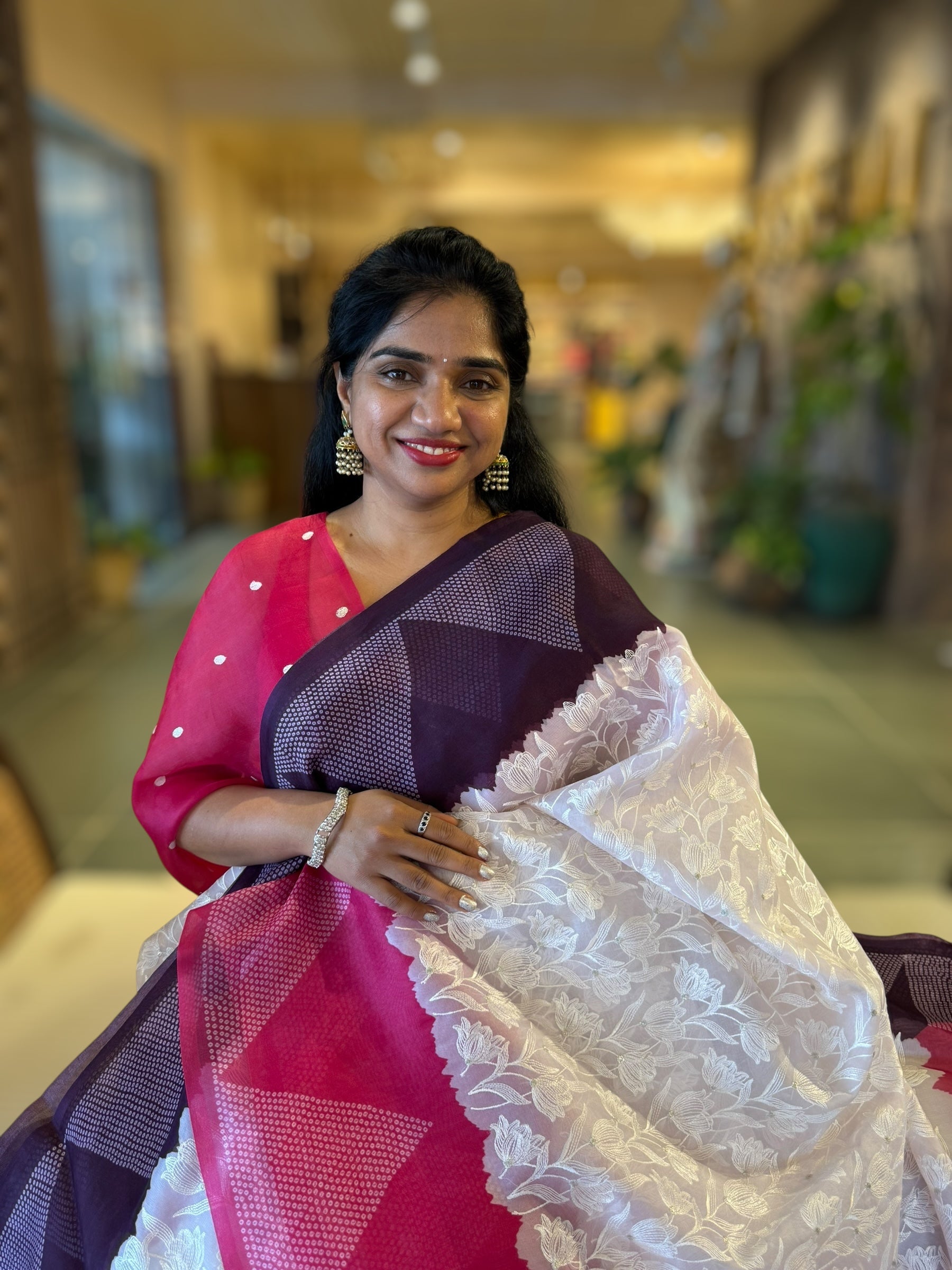 Organza Chikankari Embroidery Saree With Ganga Jamuna Bandhini Temple Borders