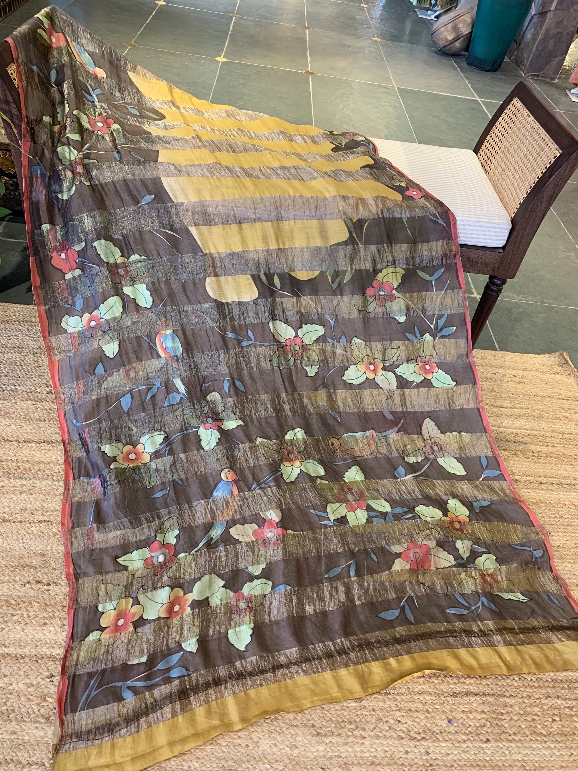 Pure Handloom Banarasi Munga Tissue  Saree with handpainting