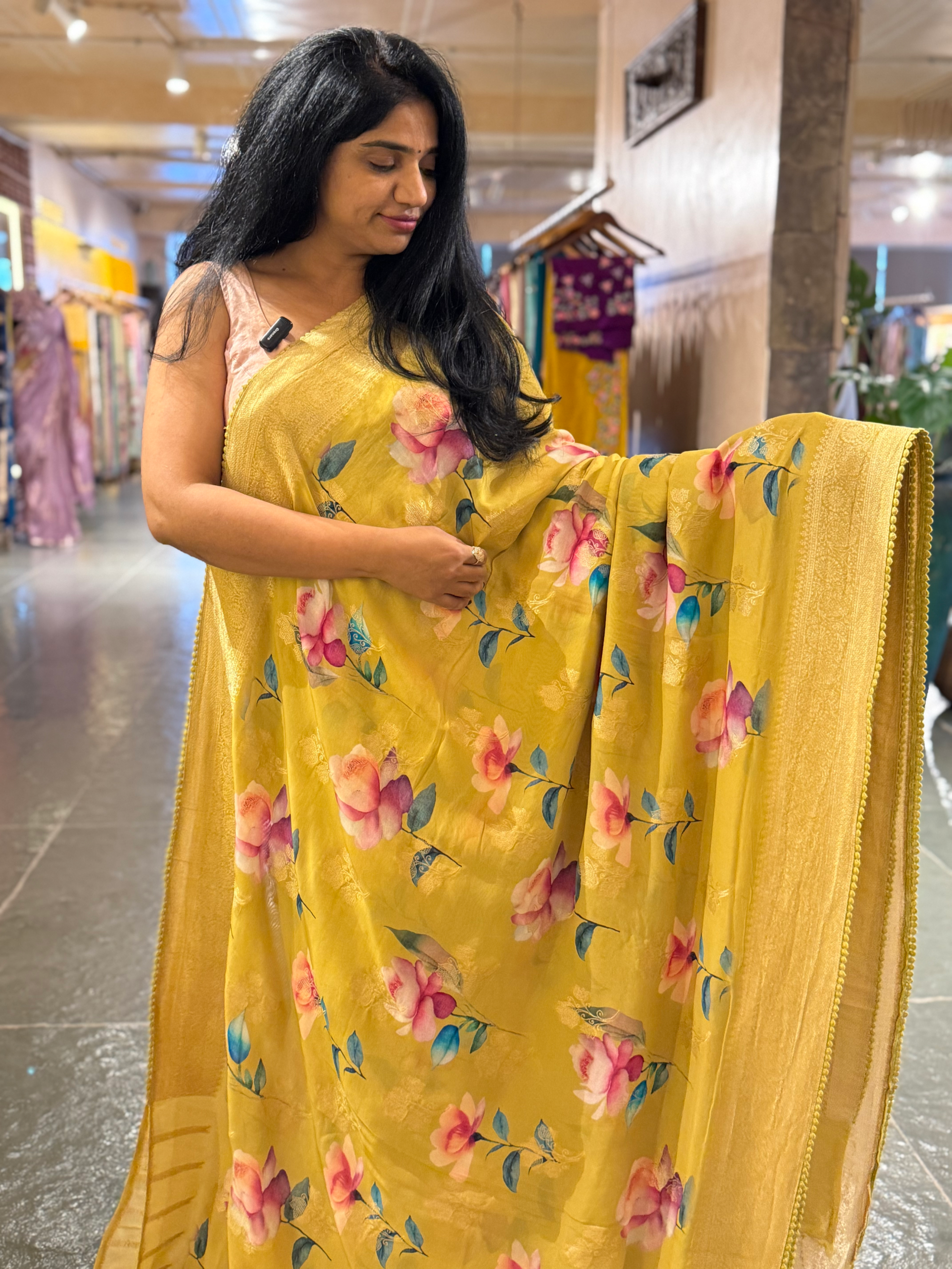 Mustard / Lime Banarasi Khaddi Gorgette Sarees with Floral Print