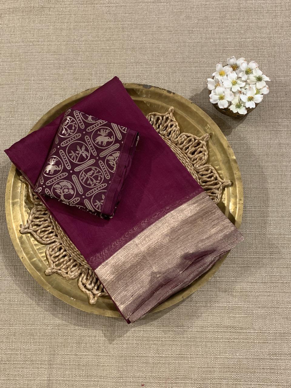 Wine Tussar Kora Saree With Tissue Border & Pallu Paired With Brocade Blouse