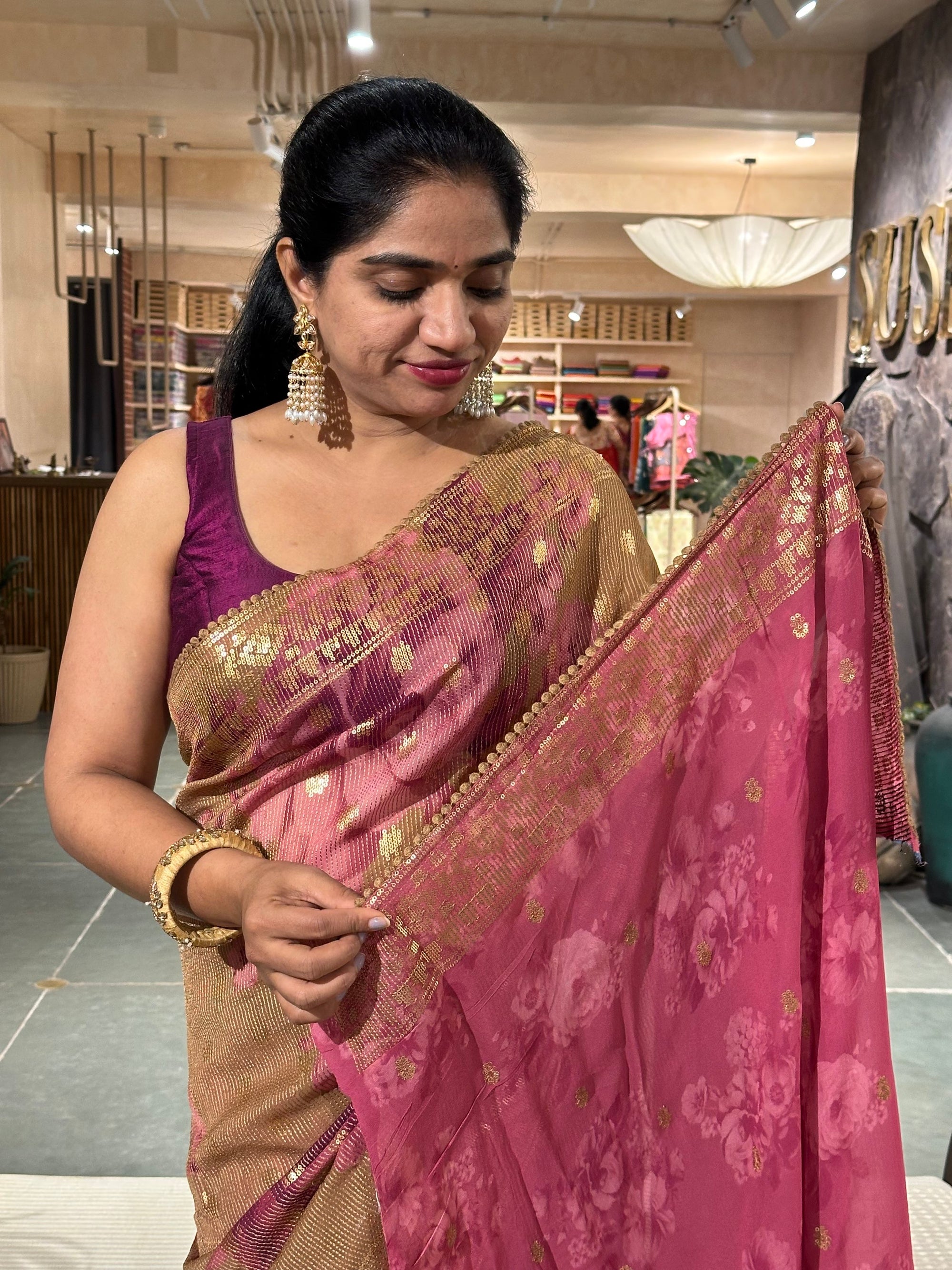 Floral Sequnce Saree In Sabhyasachi Style With Statement Floral Print