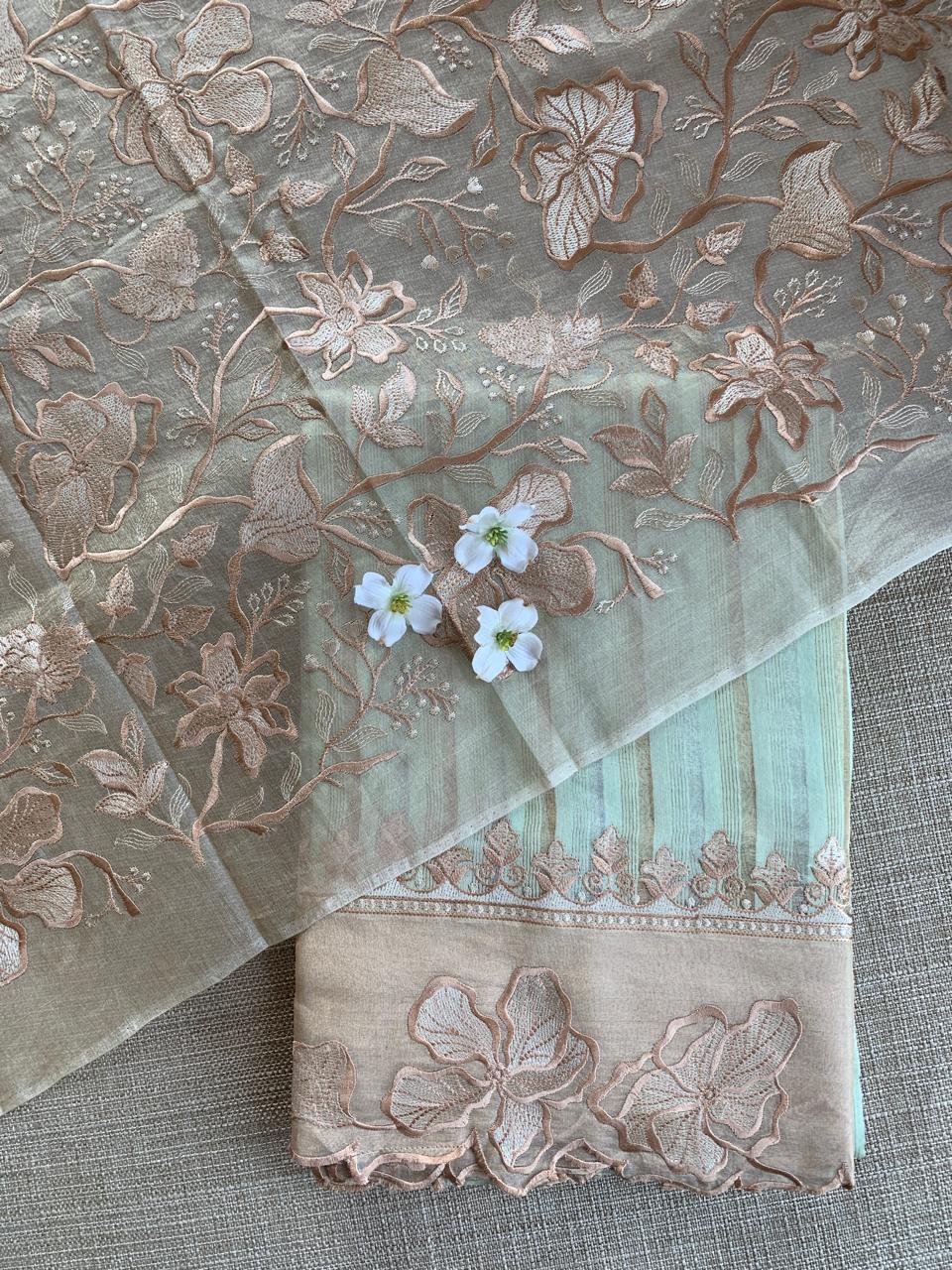 Mint Mul Tissue Stripes Saree With Tissue Cutwork  Border & Blouse