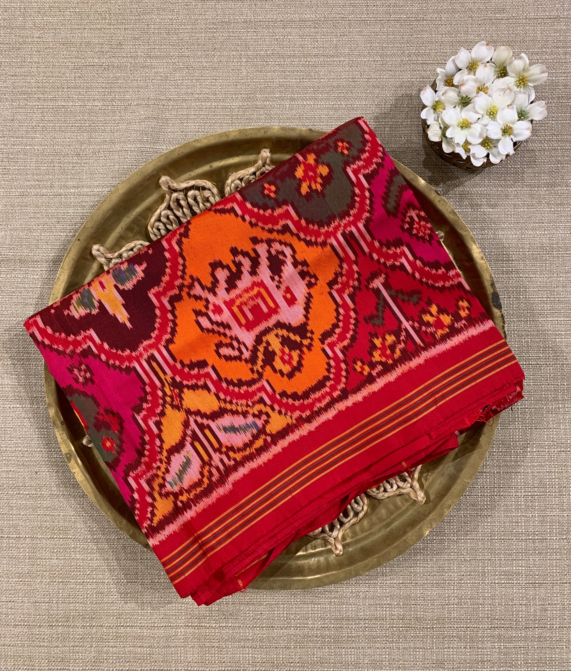Orange , Red & yellow Combo Pure Patan Patola Saree With Allover Creeper Design