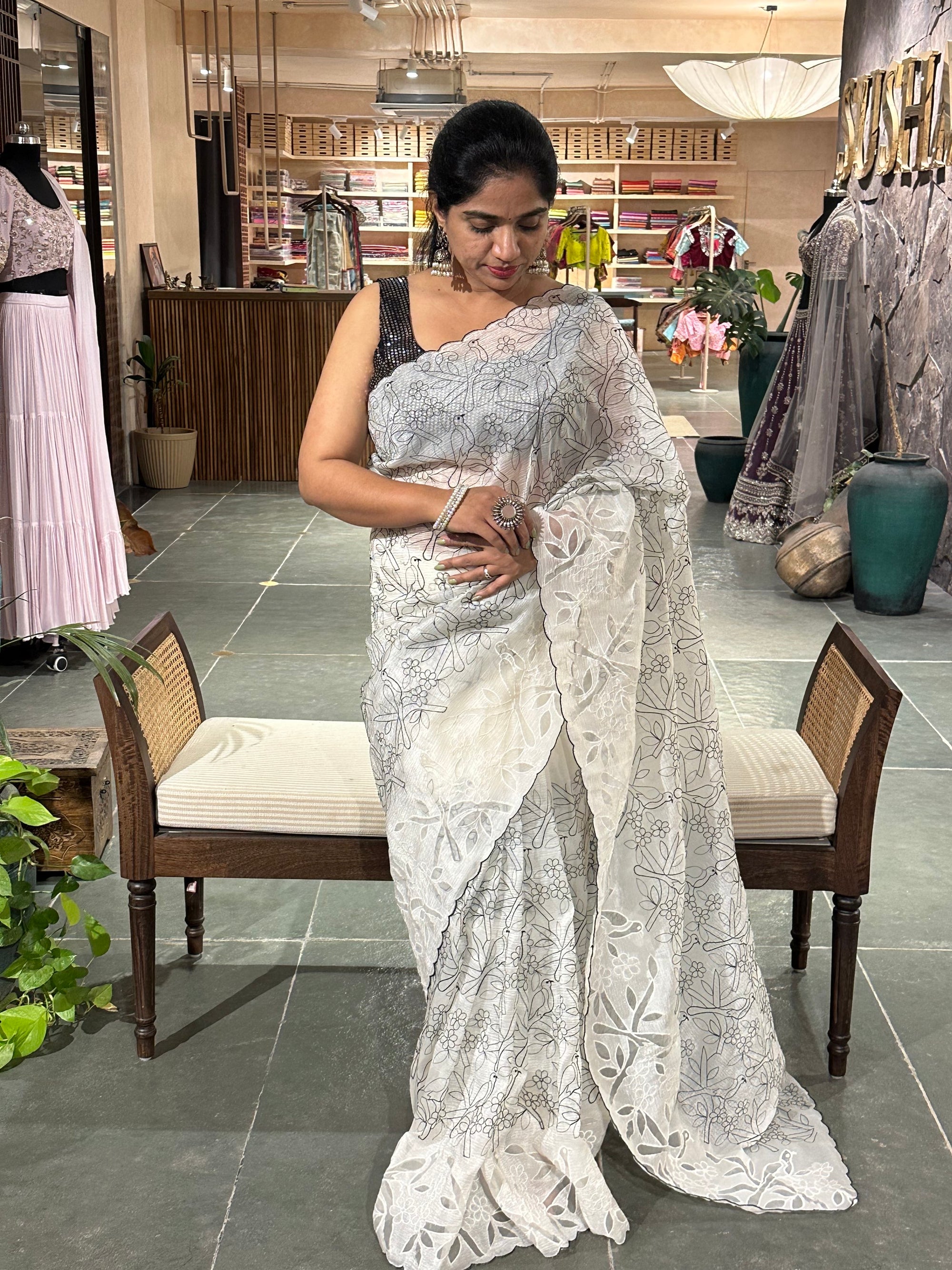 White crush organza saree with allover paithani inspired threadwork and cutwork