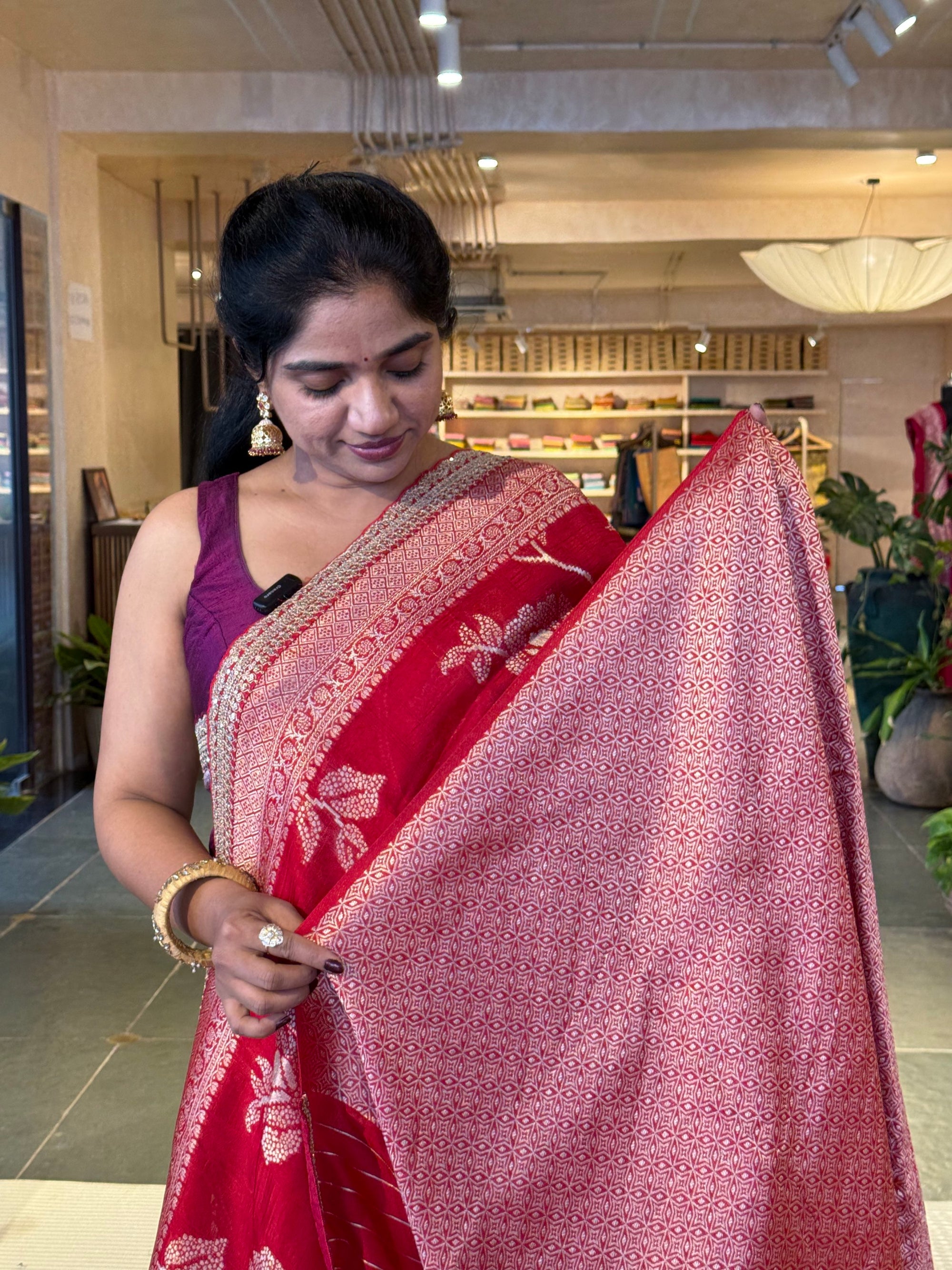 Red Tussar Khaddi Saree wth Allover weaving & sabhyasachi borders STKM15