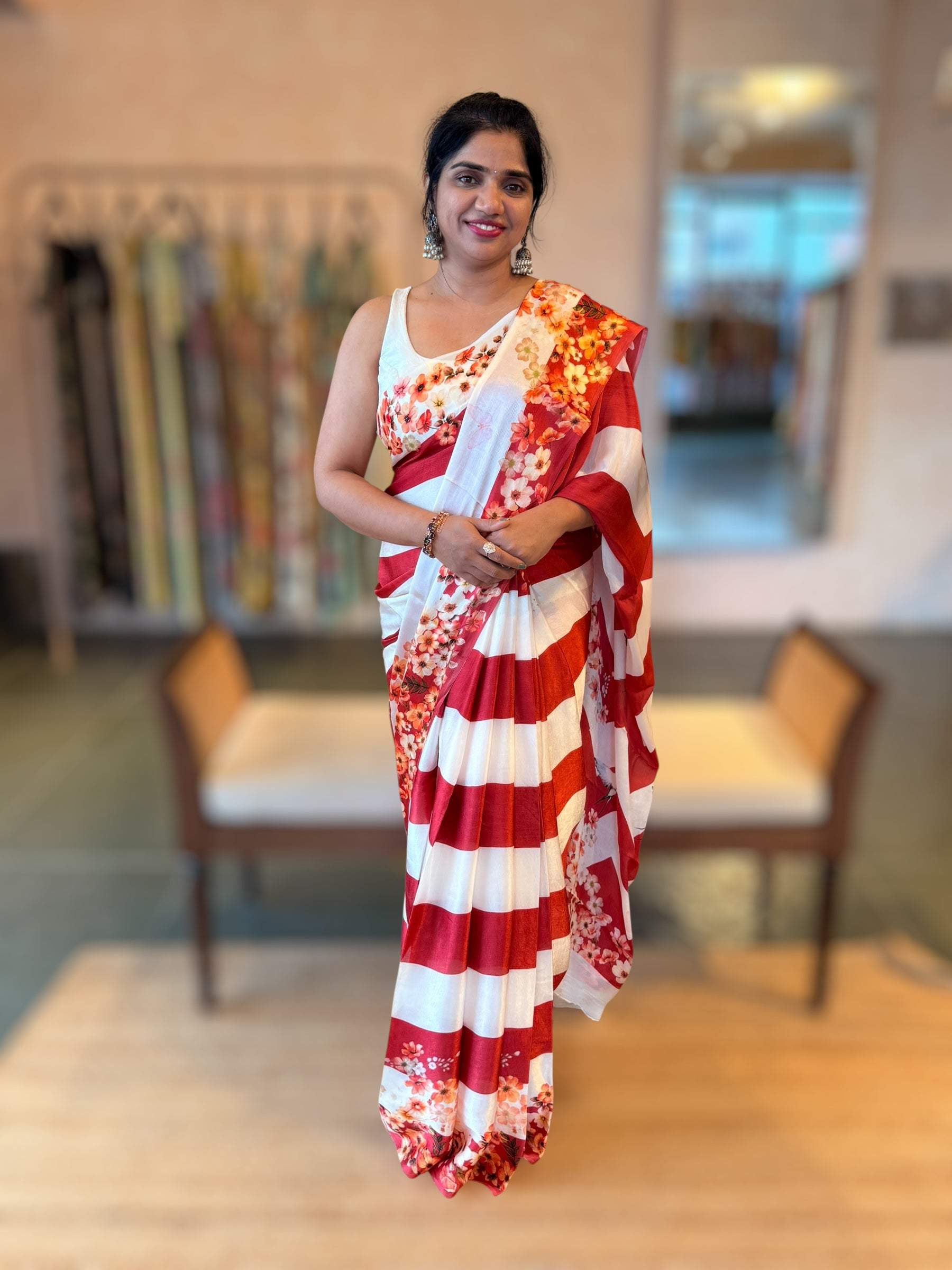 Trisha inspired Chinnon Silk Stripes & Floral Printed Saree
