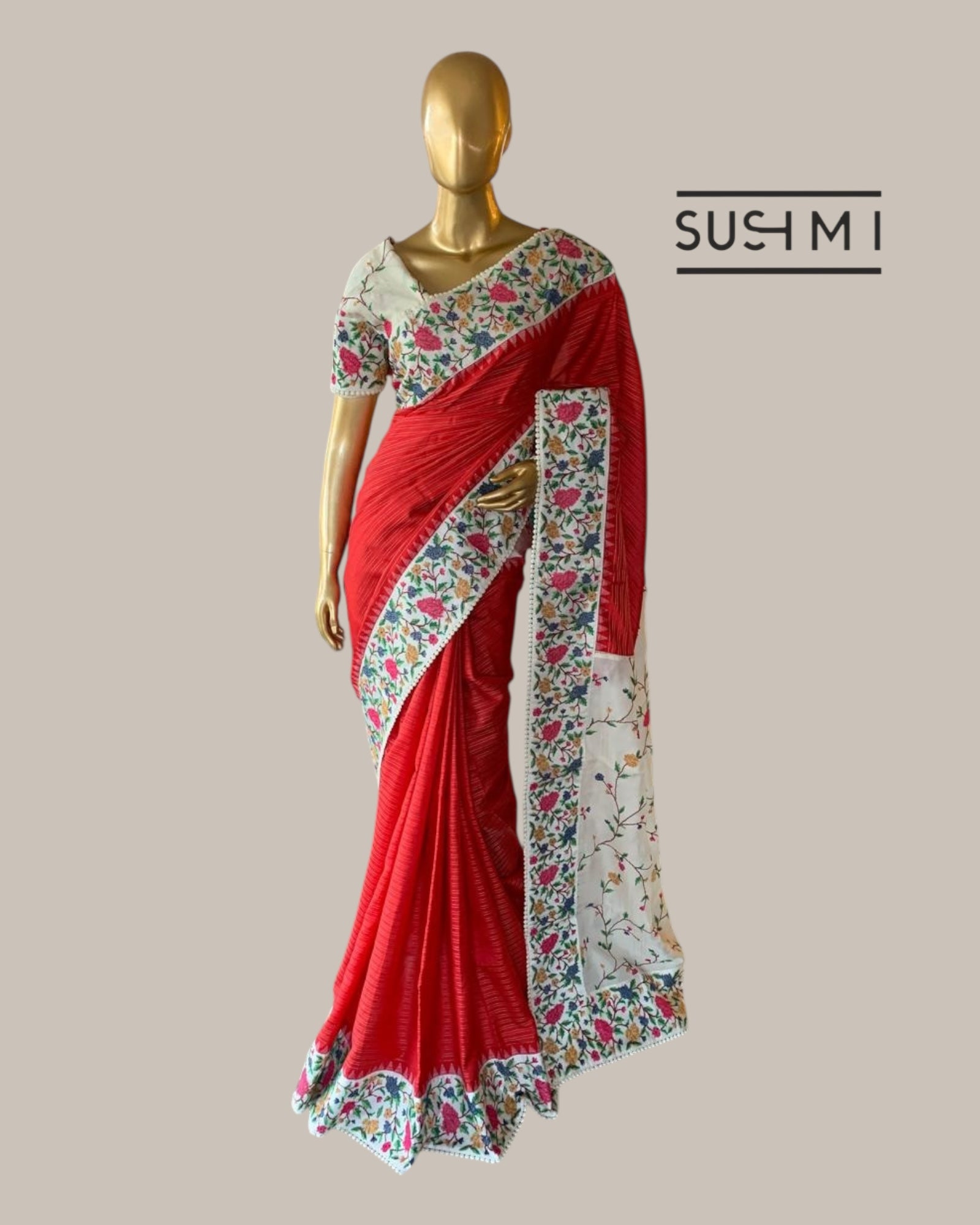 Red Kanchi Soft Silk Saree With Petite Point Embroidered Border Pallu & Blouse