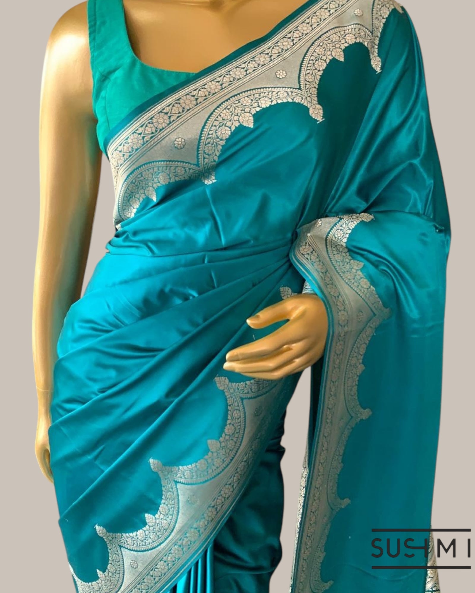 Peacock Blue Mashru Silk Saree With Scalloped Border