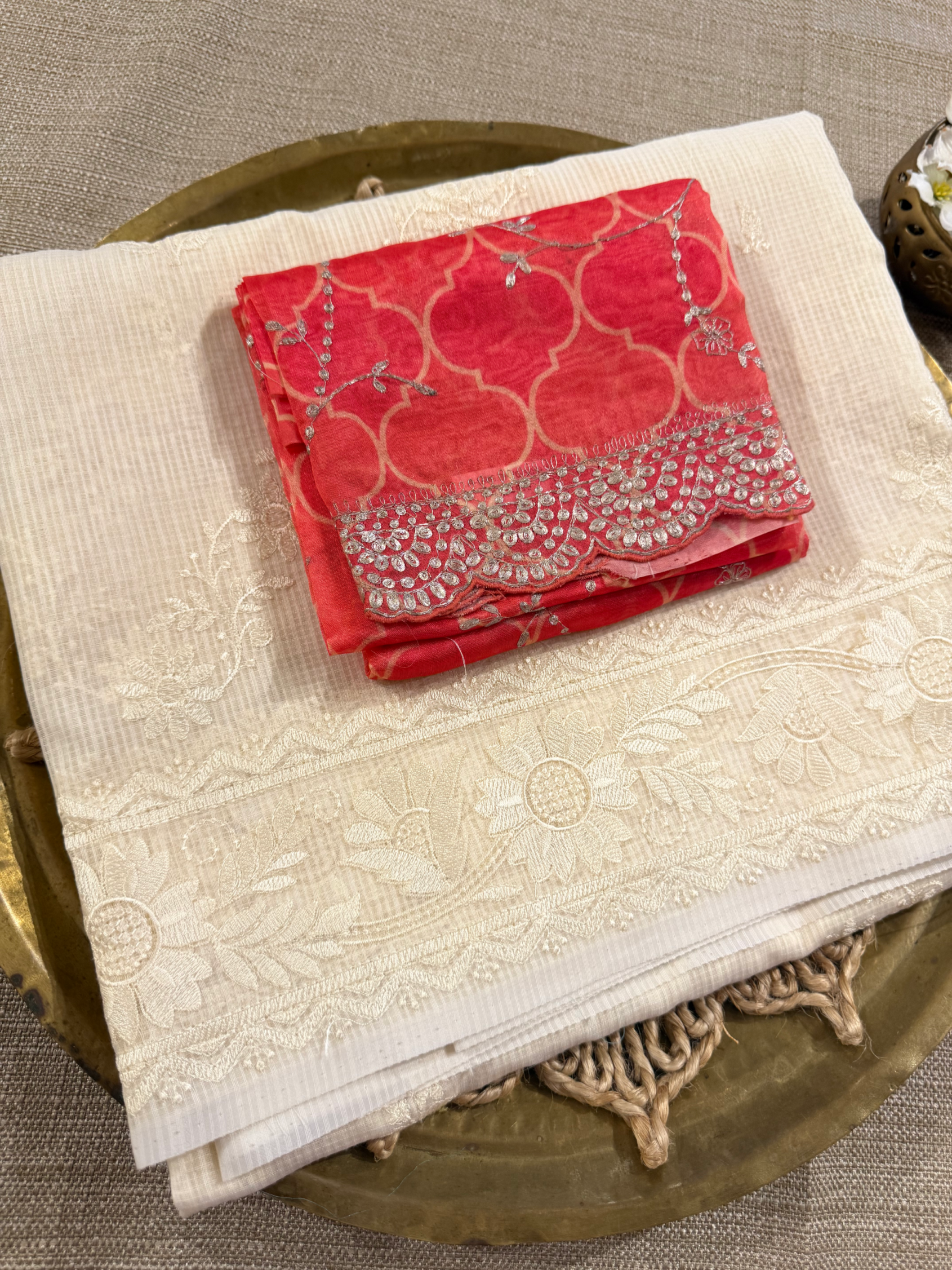 KCCA1916 : Kota Cotton Chikankari Embroidered Saree paired with Fusion Blouses