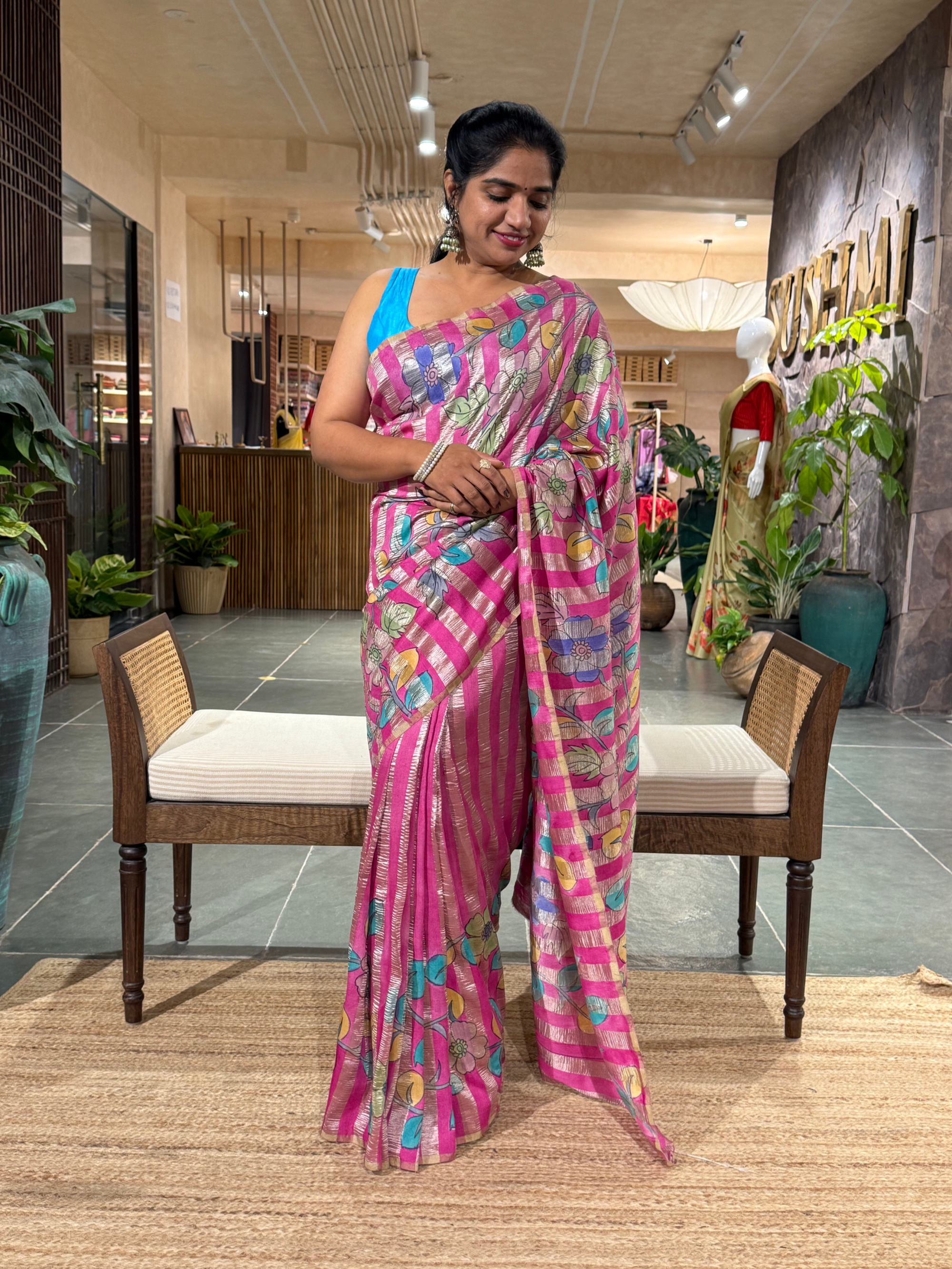SMTKM1710 Pure Handloom Munga Silk Wth Tissue Stripes & kalamkari Handpainting