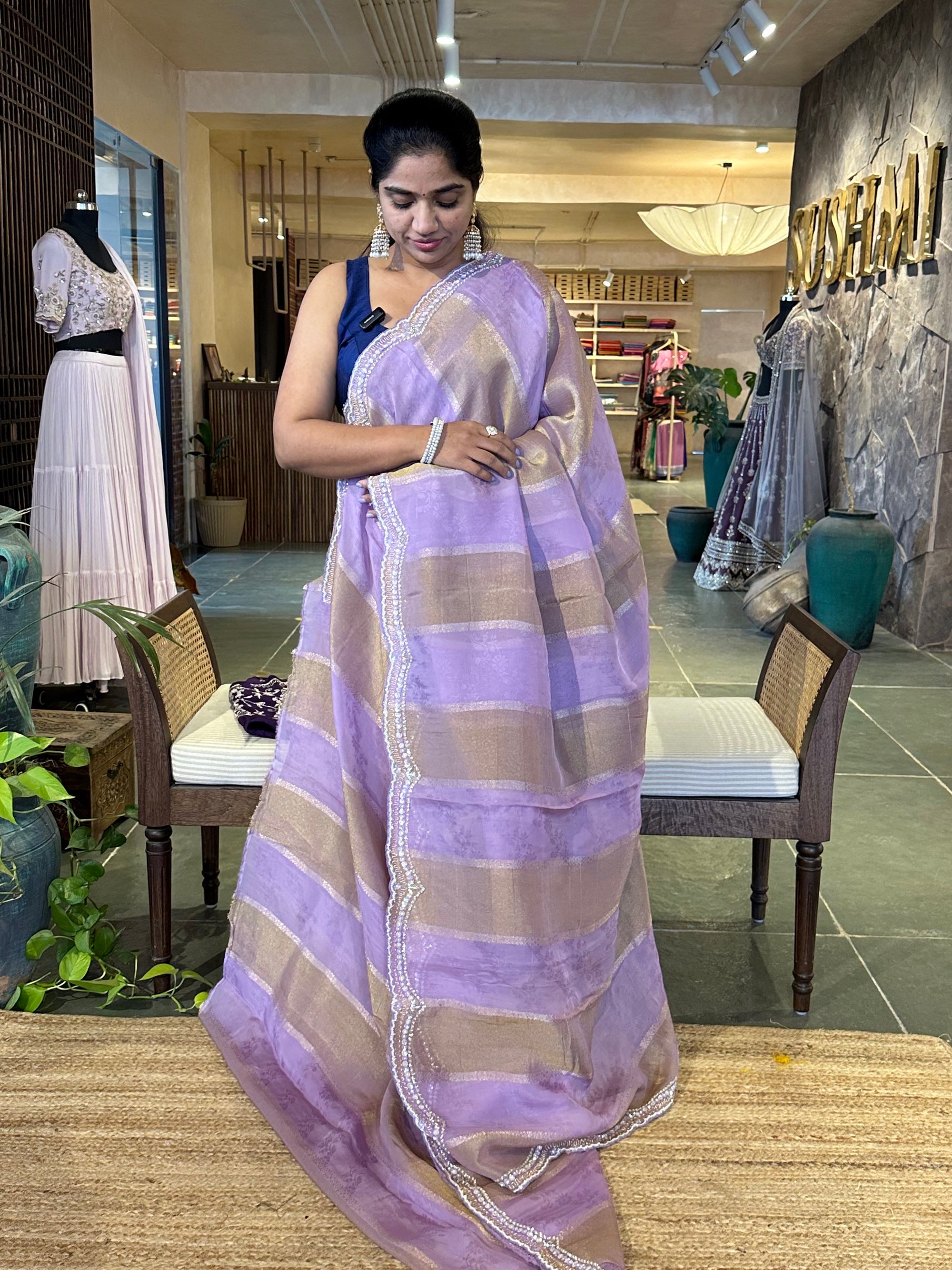 Lilac Tissue and kora brasso Saree with Scalloped handwork borders & blouse